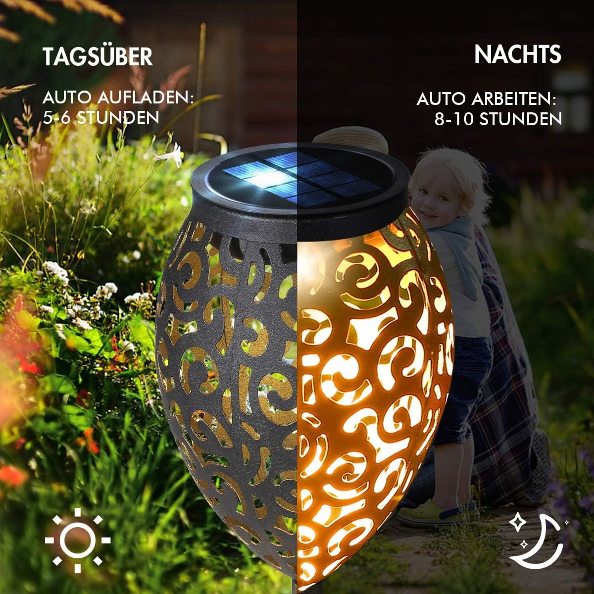 Görvitor Lampade solari per esterni da giardino, 4 pezzi, LED in metallo, per esterni, IP65, impermeabili, orientali, da giardino, a energia solare, luce bianca calda, con picchetto, decorazione da