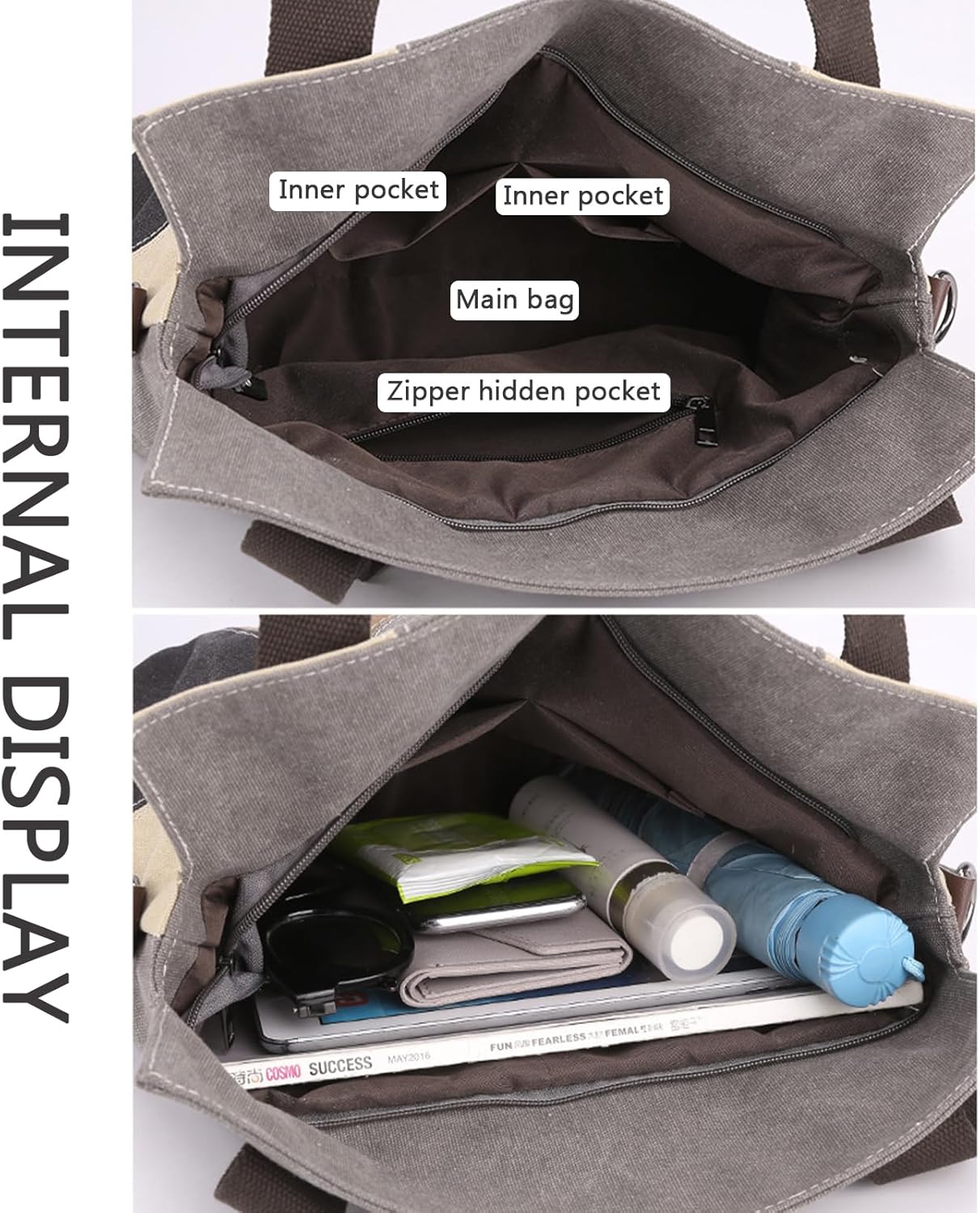 Patchwork Canvas Tote Bag for Women, Large Color-blocking Crossbody Shoulder Bag Shopping Bag - Image 5