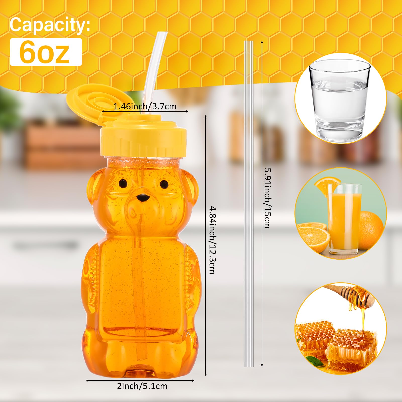 Thenshop 64 Pcs 6 oz Plastic Honey Bear Bottle and 64 Pcs Straws Empty Honey Squeeze Bottle Honey Bear Cup Clear Honey Containers Bear Shaped Jar with Yellow Flip Top Lid for Baby Shower Storing Juice