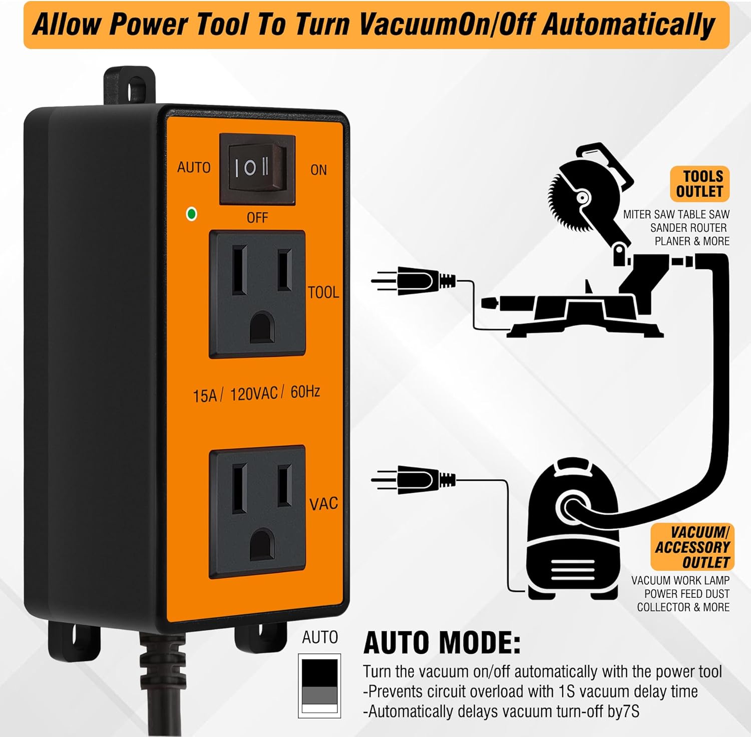 Automatic Vacuum Switch Allows Power Tool/Table Saw to Turn Vacuum Cleaners/Accessories On and Off, Turn-On Delay Prevents Circuit Overloads Shop Dust Collector Off Delay