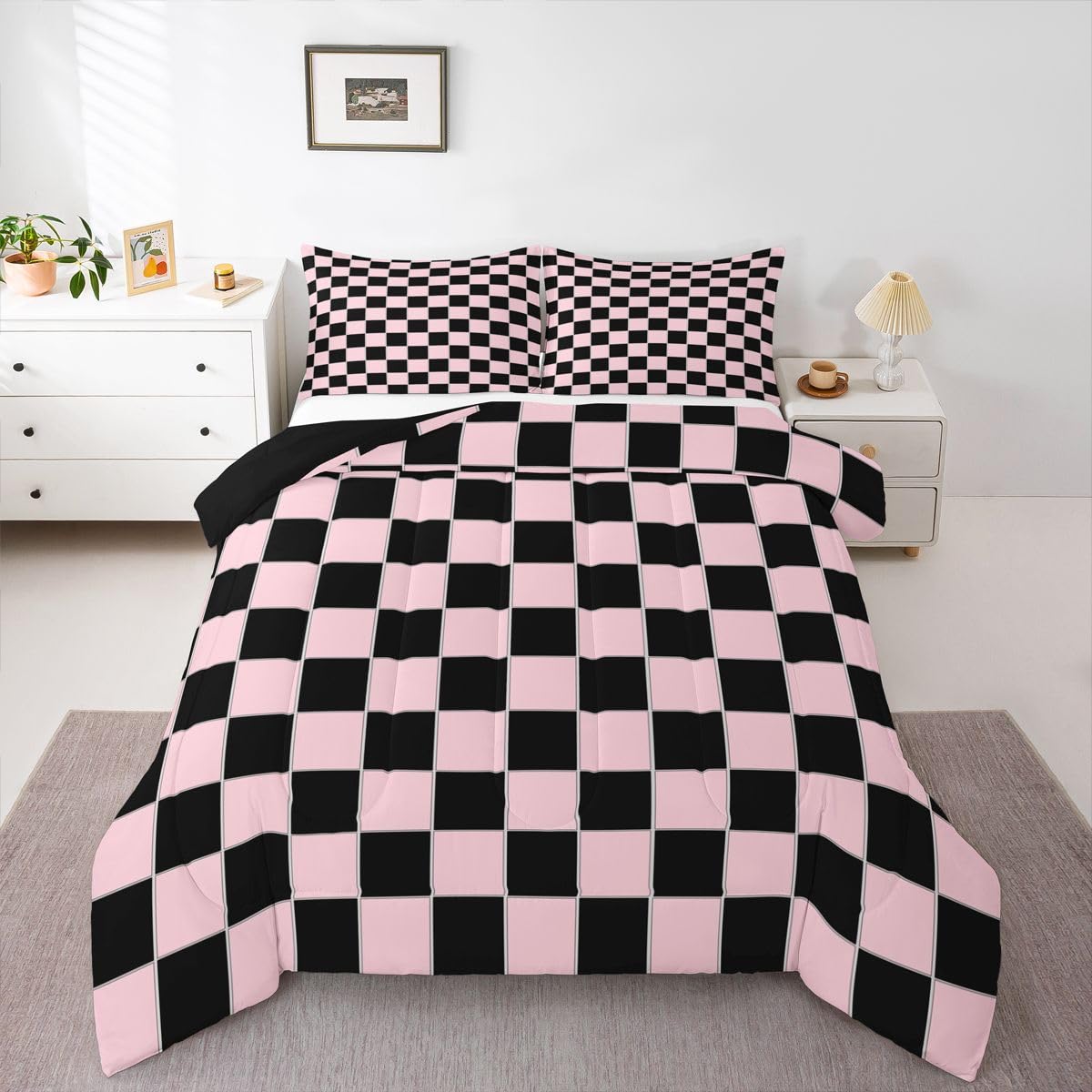 Erosebridal Plaid Twin Comforter Set Pink Black Checkerboard Bedding Set Geometric Checkered Comforter for Kids Boys Girls,Aesthetic Grids Quilt Duvet