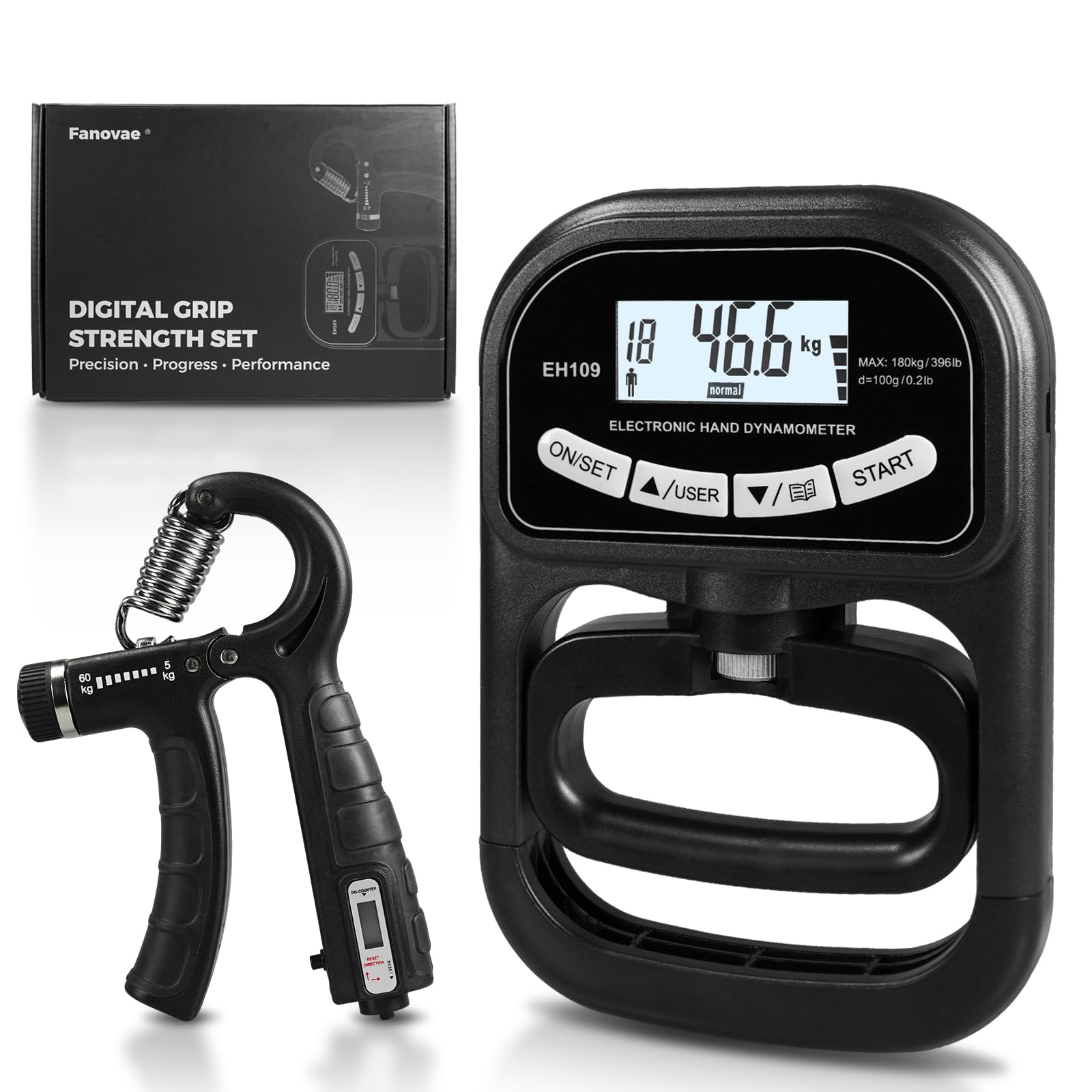 Juego de medidor digital de fuerza de agarre y entrenador, dinamómetro de mano LCD con memoria de 19 usuarios, USB o batería + ejercitador de agarre electrónico con reinicio de 1 toque, regalo