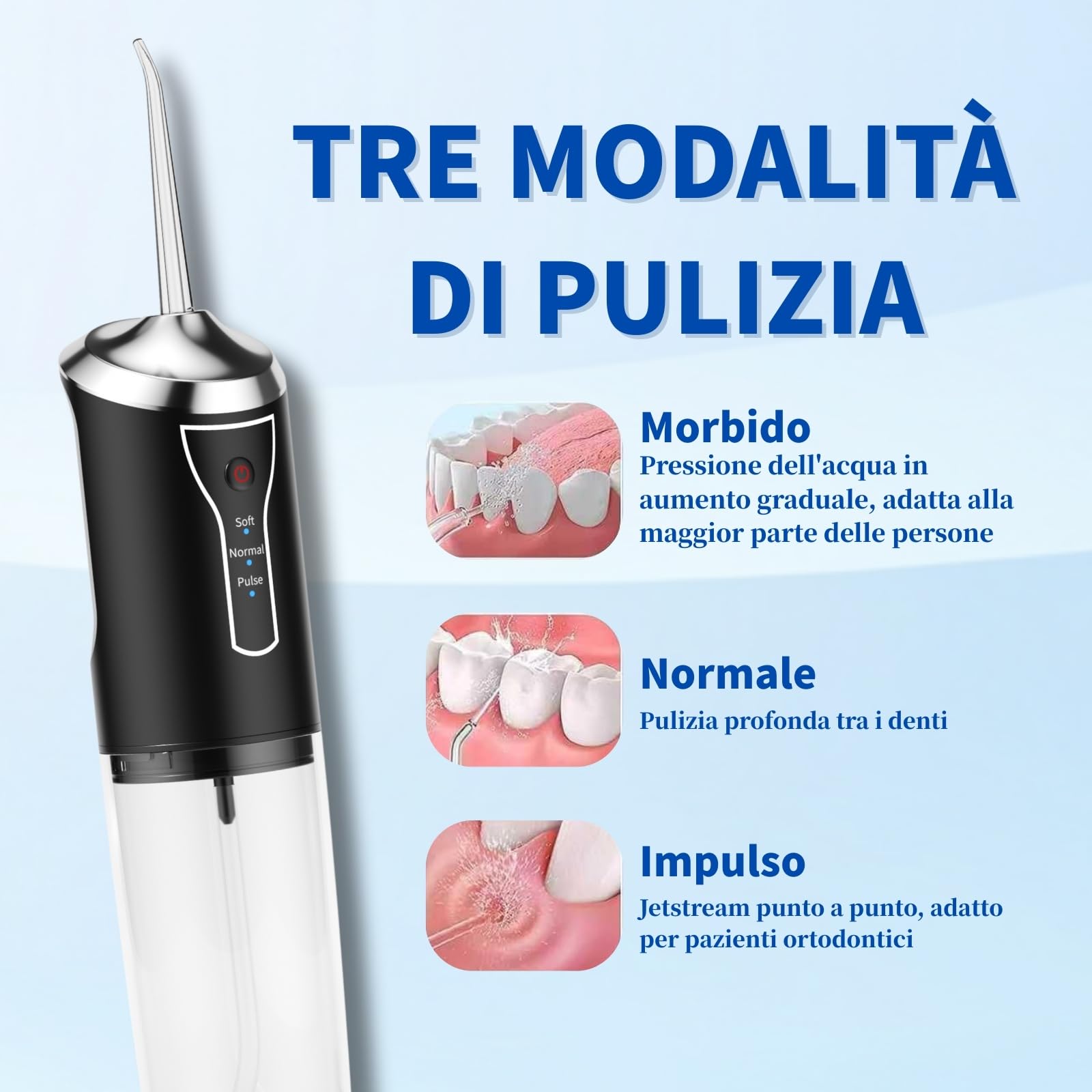 Idropulsore Dentale Portatile Denti, Water Flosser, Scovolino Denti, Irrigatore Orale 4 Modalità e 3 Intensità, Serbatoio da 230ml, Wasserdicht und Wiederaufladbar per Viaggi e Casa