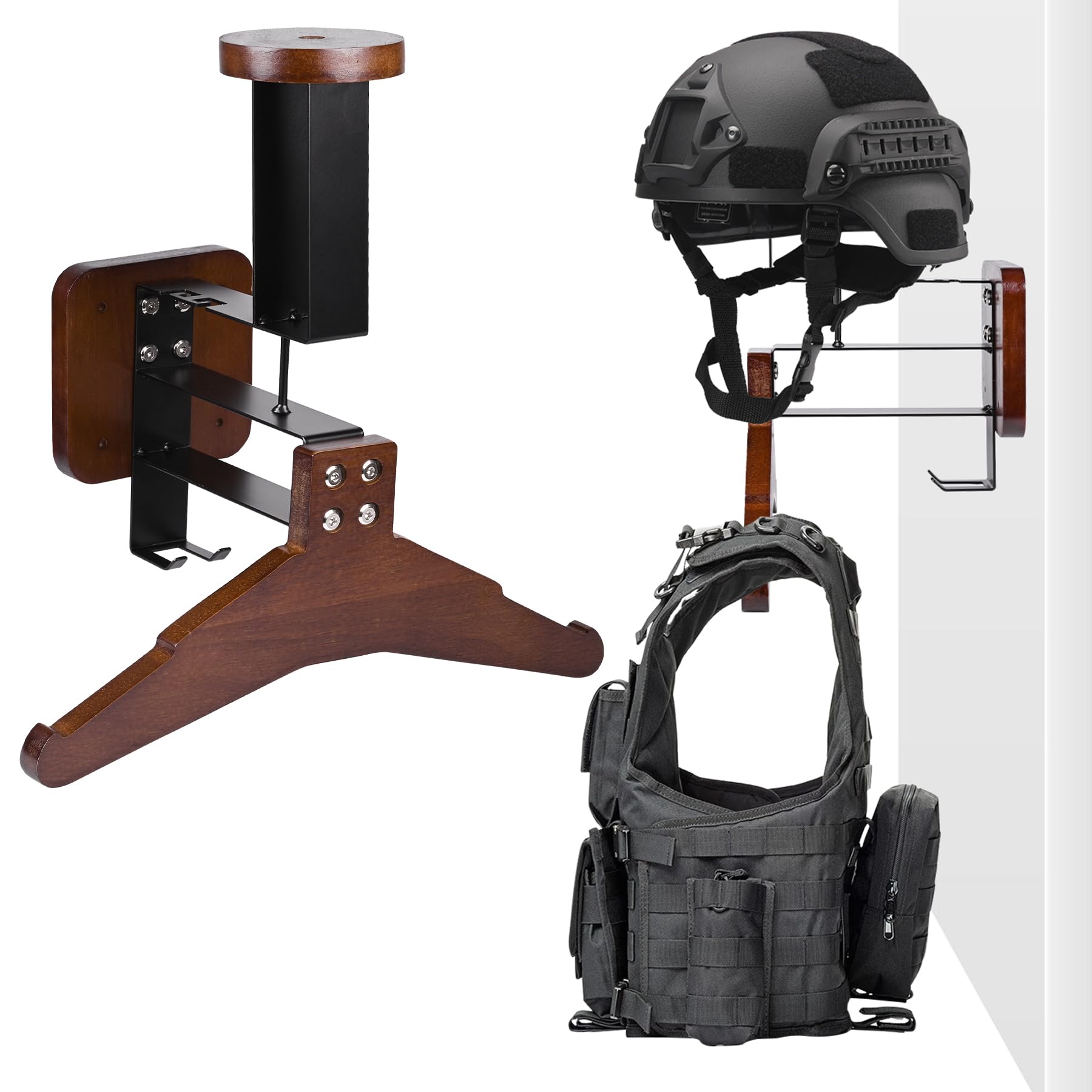 Motorcycle Helmet & Jacket Holder Wall Mount - 1 Pack Tactical Gear Holder with Helmet Stand and Solid Wooden Hanger, Bicycle Helmet Rack Display Organizer for Police Football Cycling Gear
