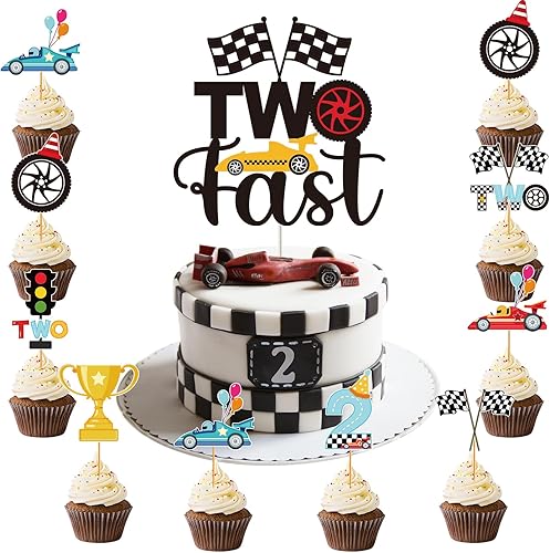 Vista 7 de Two Fast Decoraciones para Pasteles - 25 Piezas Temática de Autos de Carrera Bebé Curioso 2do Cumpleaños Adorno para Cupcakes Let's Go Racing