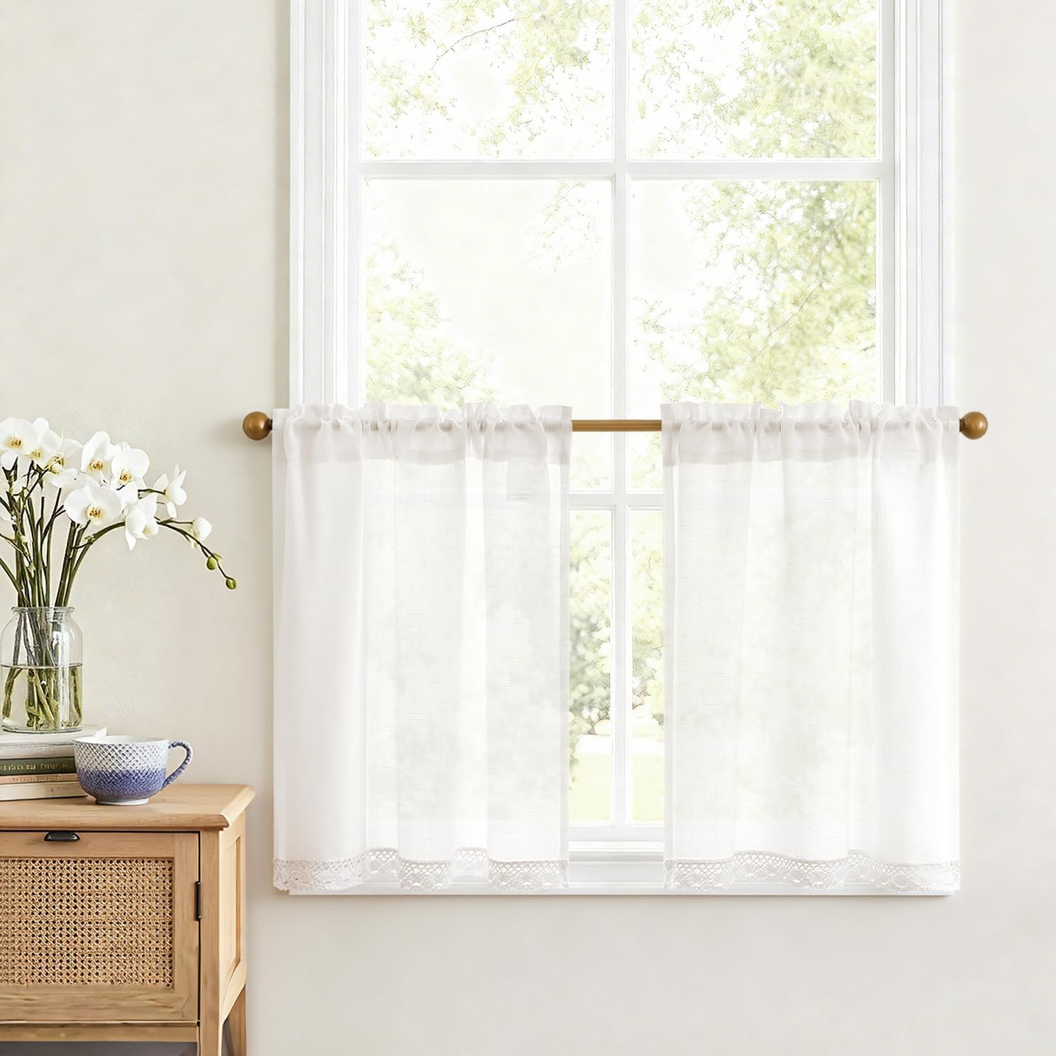 Vangao Scheibengardine Leinen Bistrogardine Halb Transparent Privatsphäre Uni Gardine Sheer Vorhang Paarig Schals Fensterschal