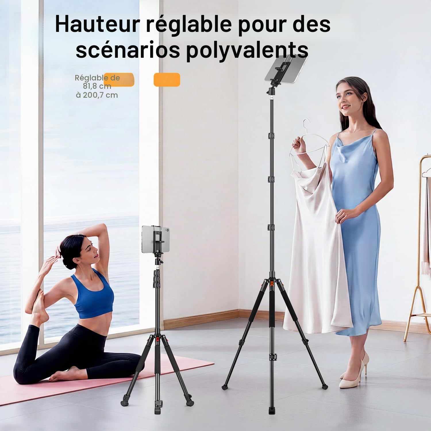 Nineigh 200CM Support de Trepied pour Tablette, Support pour Tablette Réglable en Hauteur Rotation à 360°, Pliable Trépied pour Smartphone, iPad Pro 9.7"/10.5" /11", Mini, Air, DSLR, Nikon Caméra