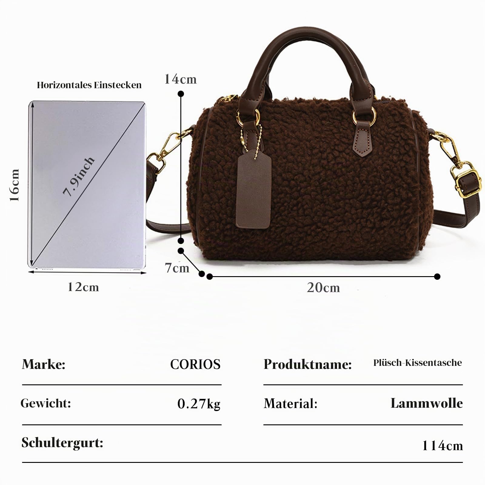 Damen Lammwolle Handtasche Flauschige Tasche Plüsch Schultertasche Niedlich Flauschige Umhängetaschen Tote Beutel Elegant Tragetasche Messenger-Tasche Frauen Henkeltaschen Boston Tasche Kaffee