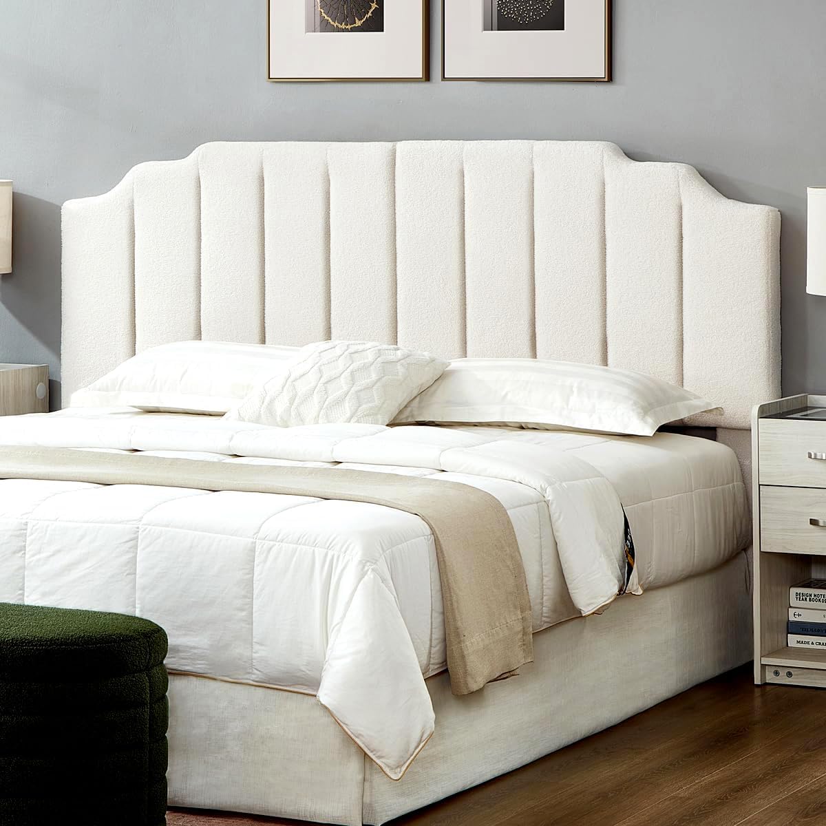 24KF White Teddy Fabric Tufted King Upholstered Headboard, Modern Vertical Channel Design California King Headboard with Stepped Silhouette Top Edge,6026-K-Teddy White King/California King - Teddy Fabric White Teddy - King