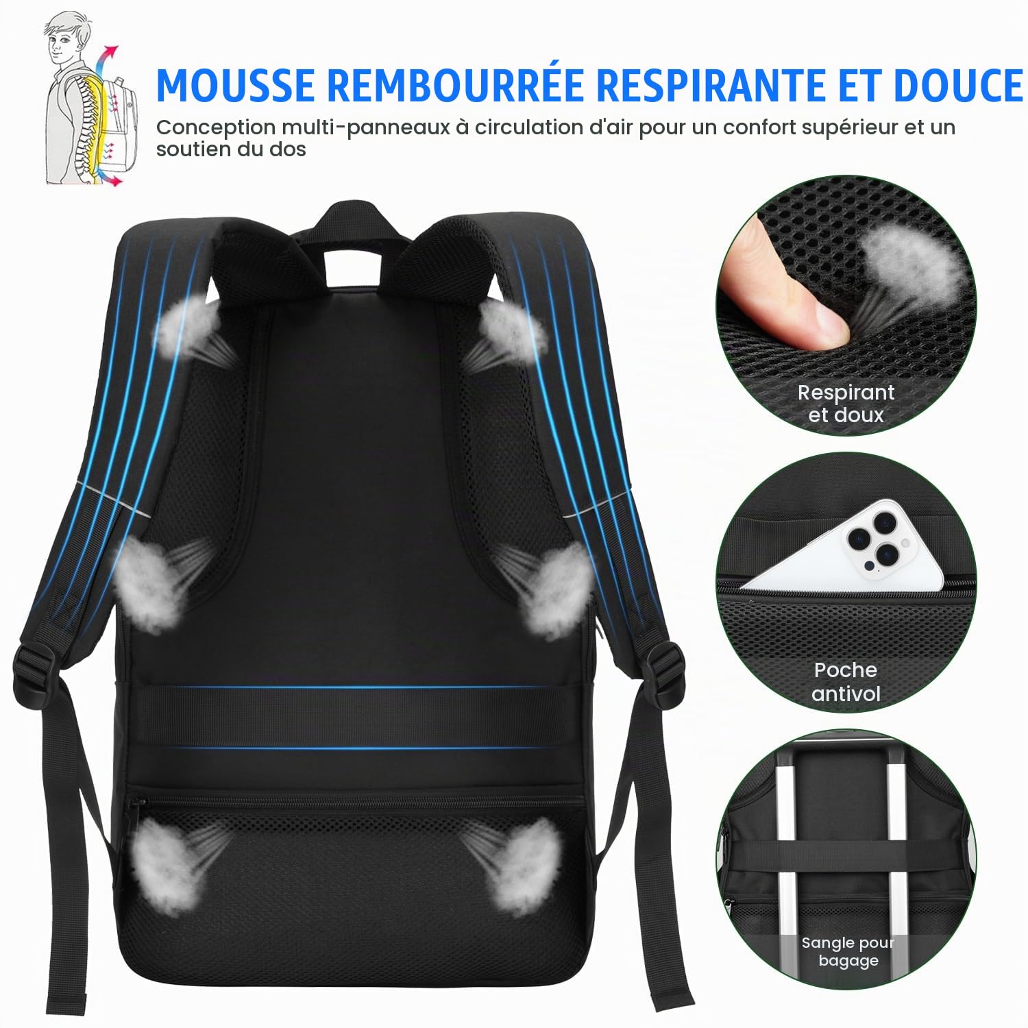 Sac à dos pour ordinateur portable Paude, 43,9 cm, grand cartable pour lycéens et étudiants universitaires, sac à dos noir pour hommes, bureau, affaires, imperméable