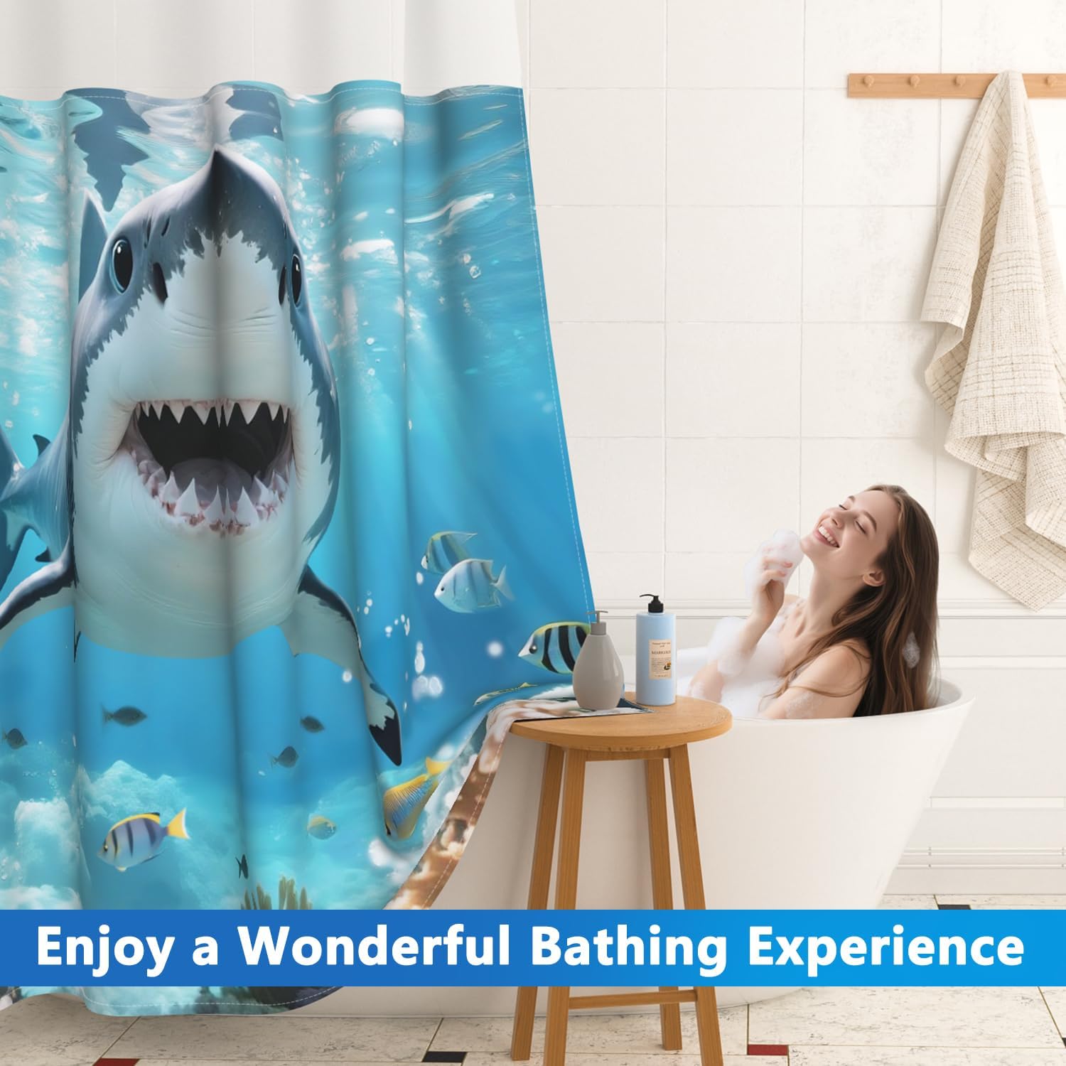 Ocean No Hook Shower Curtain with Snap in Liner Set, Shark Shower Curtain with Mesh Top Window and Weighted Hem, 71x74in Hotel Style Summer Double-layer Waterproof Fabric Shower Curtain for Bathroom
