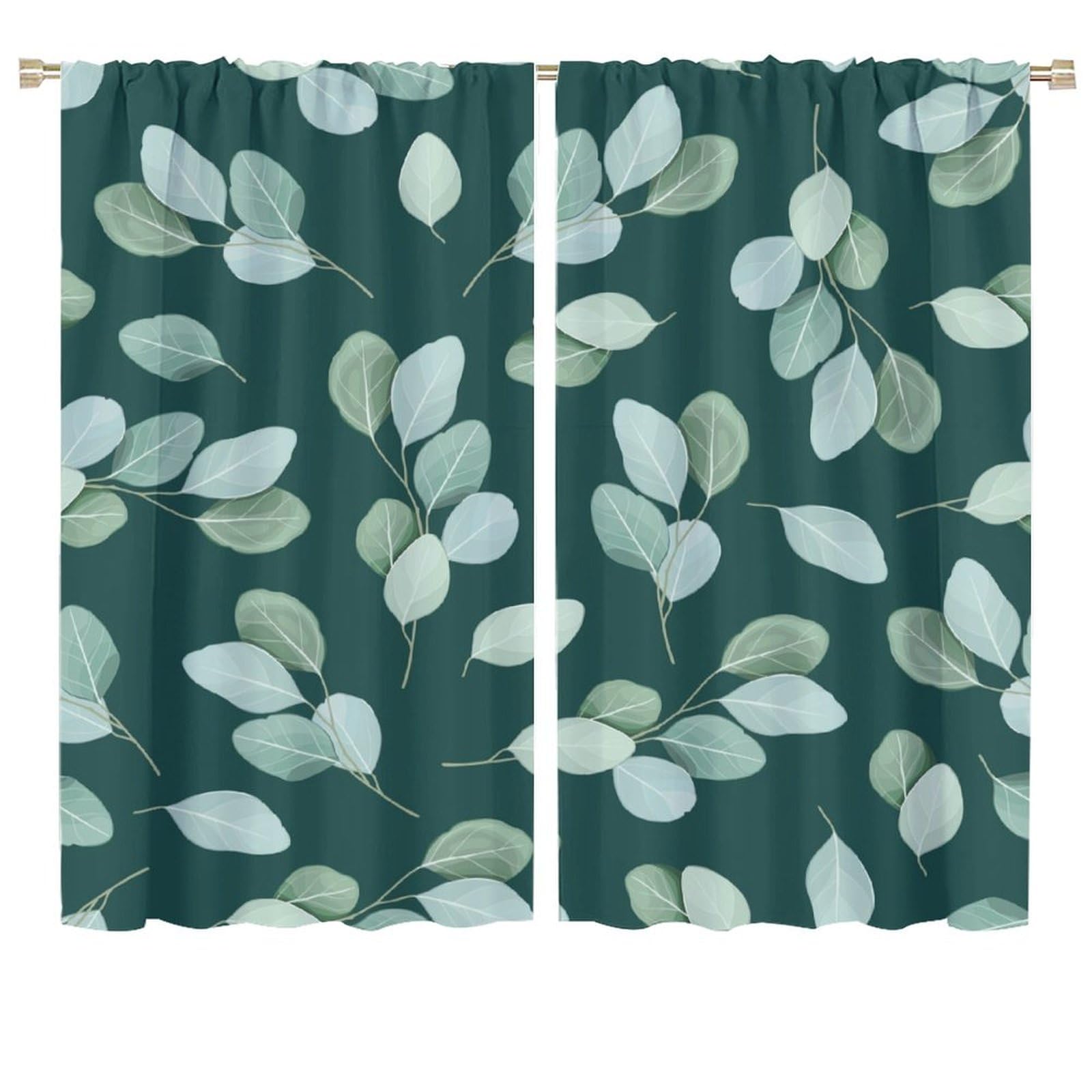 Eucalyptus Curtains Nature Botanical Blackish Green Leaves Pattern Blackout Print Rod Pocket Window Drapes for Bedroom Living Room 72x63in