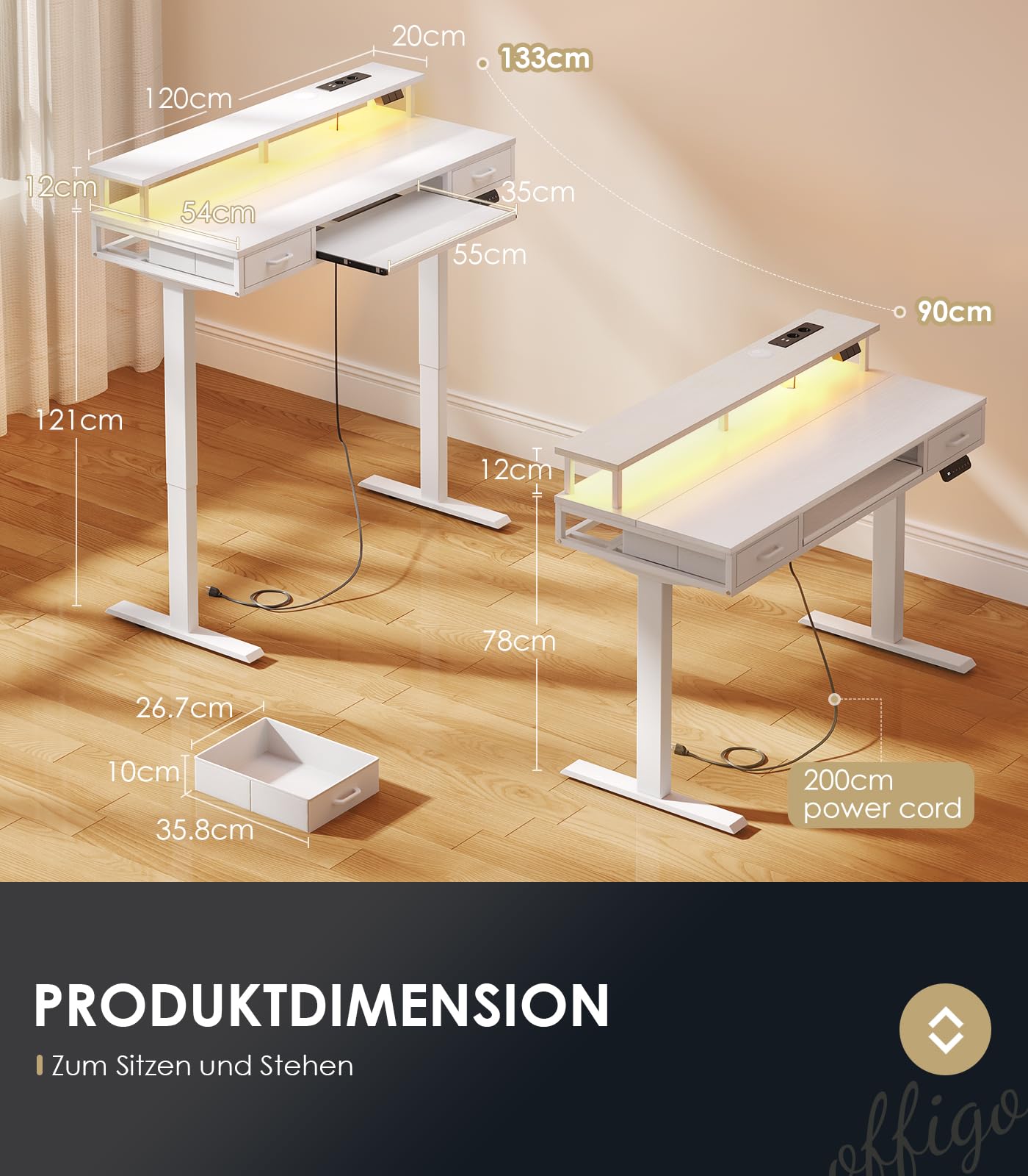 OffiGo Schreibtisch Höhenverstellbar mit Schubladen, 120 cm Elektrischer Schreibtisch mit Tastaturablage, Computertisch mit Monitorständer, Tisch Höhenverstellbar mit Steckdosen und Lichtleiste, Weiß