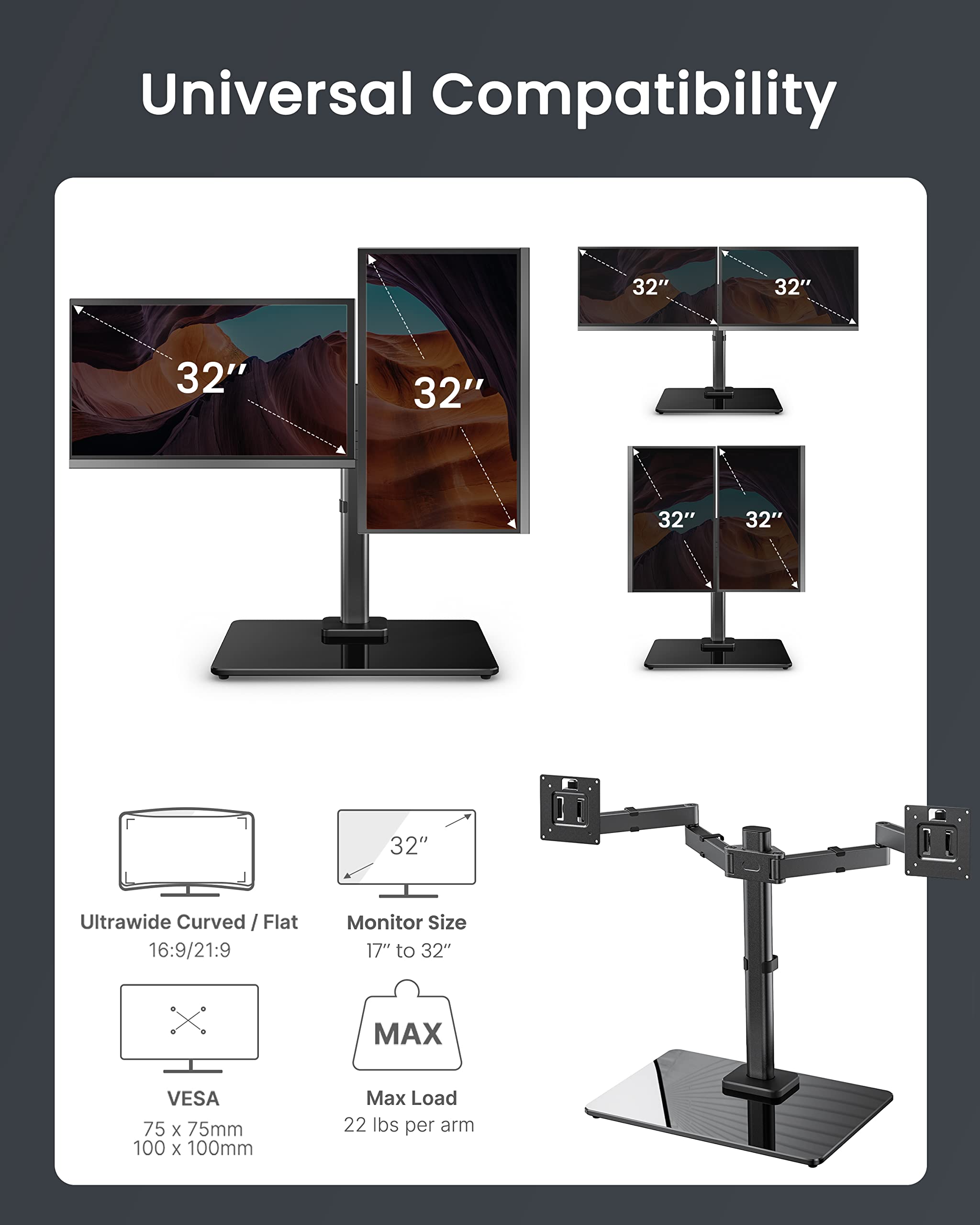 ErGear Freestanding Dual Monitor Stand, Monitor Mounts for 13 to 32 inches Computer Screens, Dual Monitor Arm with Tempered Glass Base for 2 Monitors, Vesa Mount Fits Up to 22 lbs per Arm