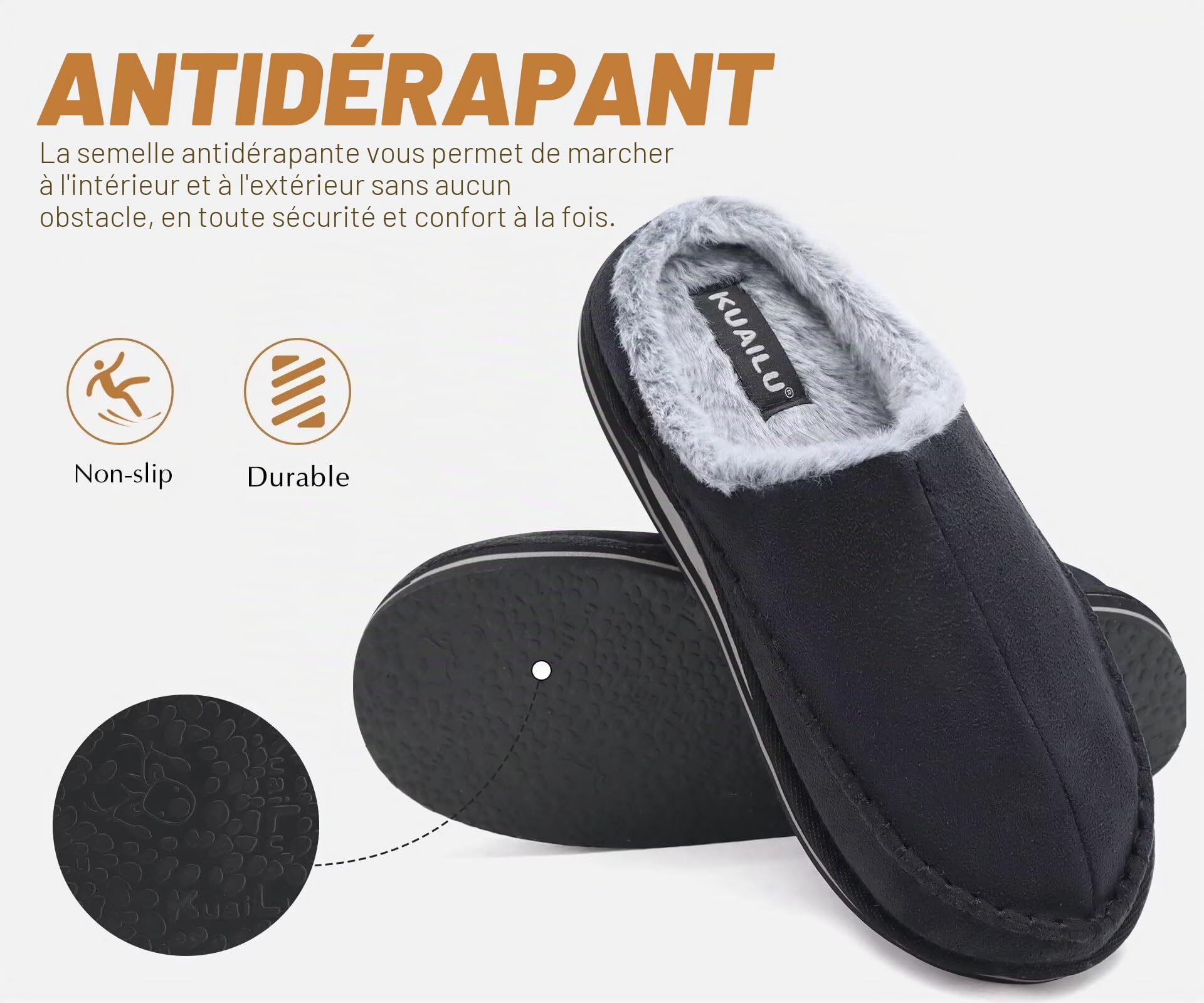 KuaiLu Pantoufles pour support de l'arche hommes Confortable Intérieur Point fait main Microsuède Sabot facile à mettre Maison Chaussures Avec Fausse Fourrure Chaude caoutchouc Extérieur