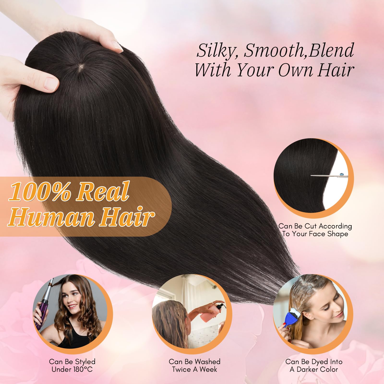 Elailite Hair Topper Donna Capelli Veri Clip 40cm #1B Nero Naturale Toupet Toupee Frangia Capelli Naturali Indiani Protesi 10cm*10cm con Mono 42g