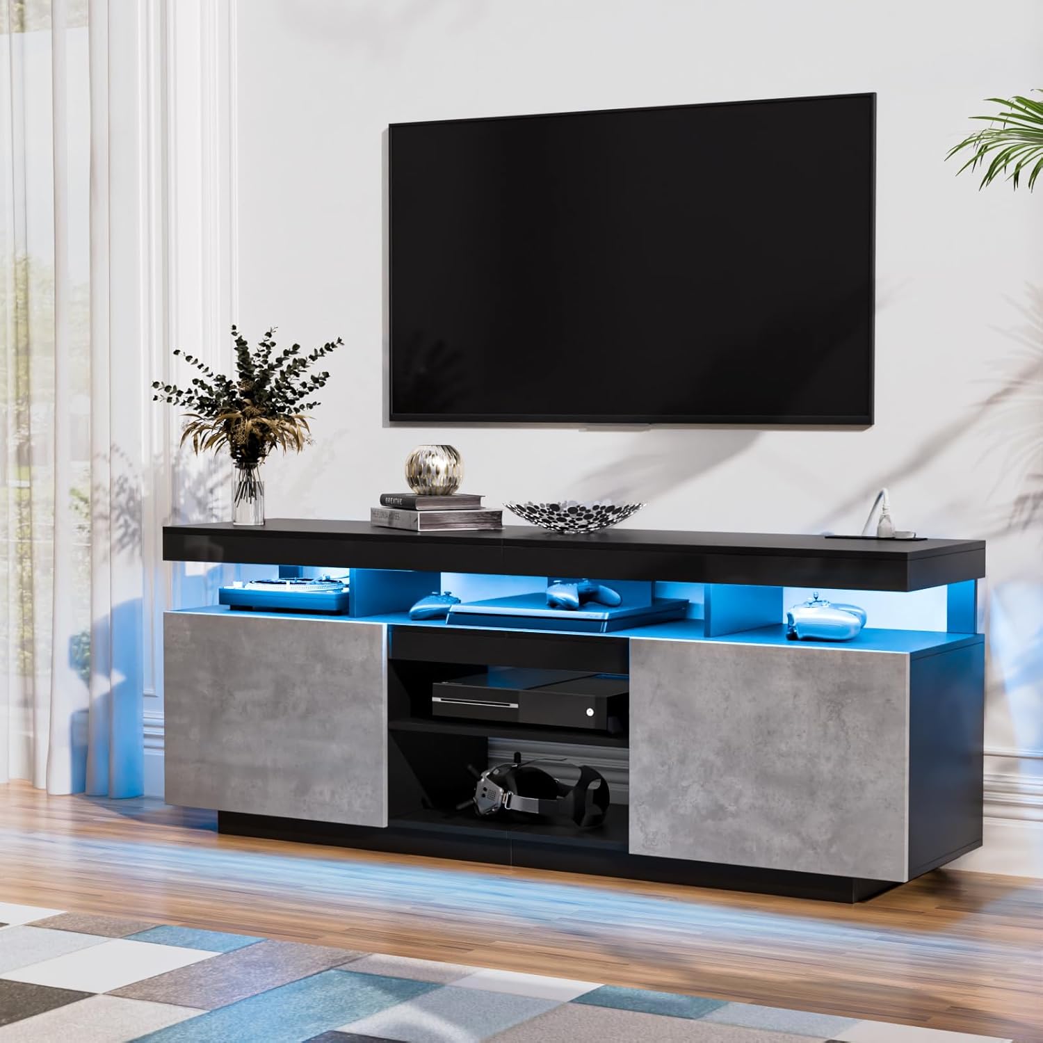 HOMMPA LED TV Stand for 75 Inch TV, Modern Tall Entertainment Center with Power Outlet, Gaming TV Consoles with Storage, High Gloss LED Lights Game Cabinet for Living Room, Grey& Black