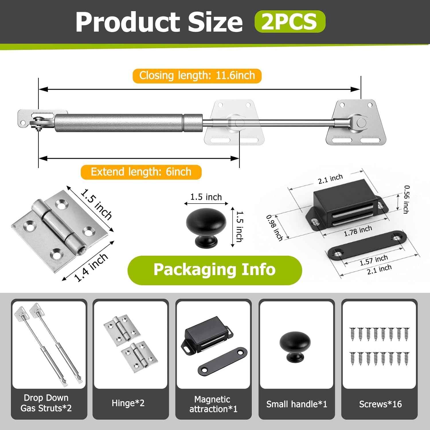 Drop Down Gas Struts with Hings for Cabinets,Soft Close Hinge for Drop Front Desk, Secretary - Slow Closing Hydraulic Stay Lid Support(100N,2 Pack)