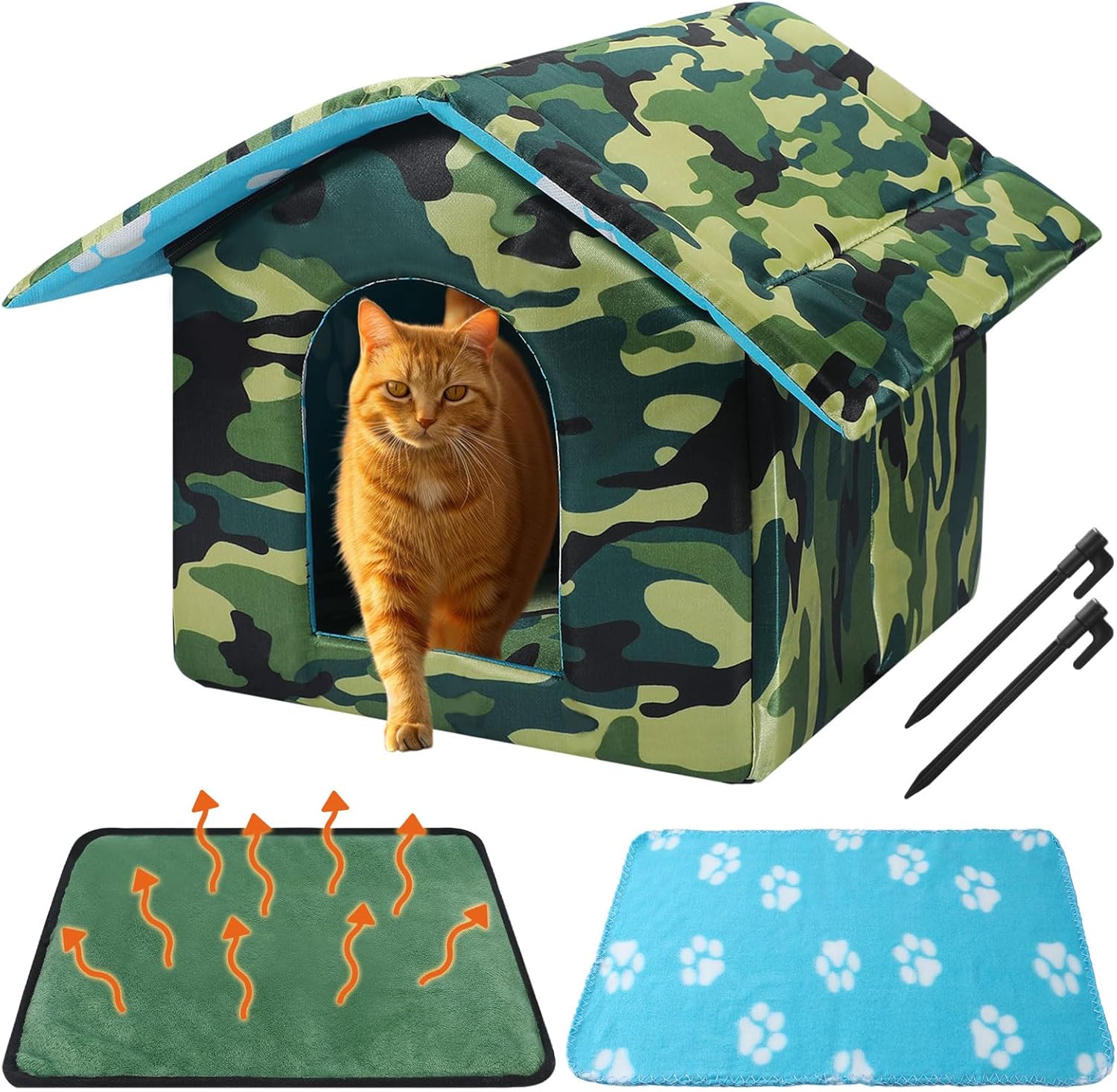 Outdoor Cat House Weatherproof Insulated Feral Cat Shelter Self Heating Pet House with Self Warming Pad Blanket Stake Winter Camouflage Collapsible Pet Shelter 14" x 13" x 12" (S Size)