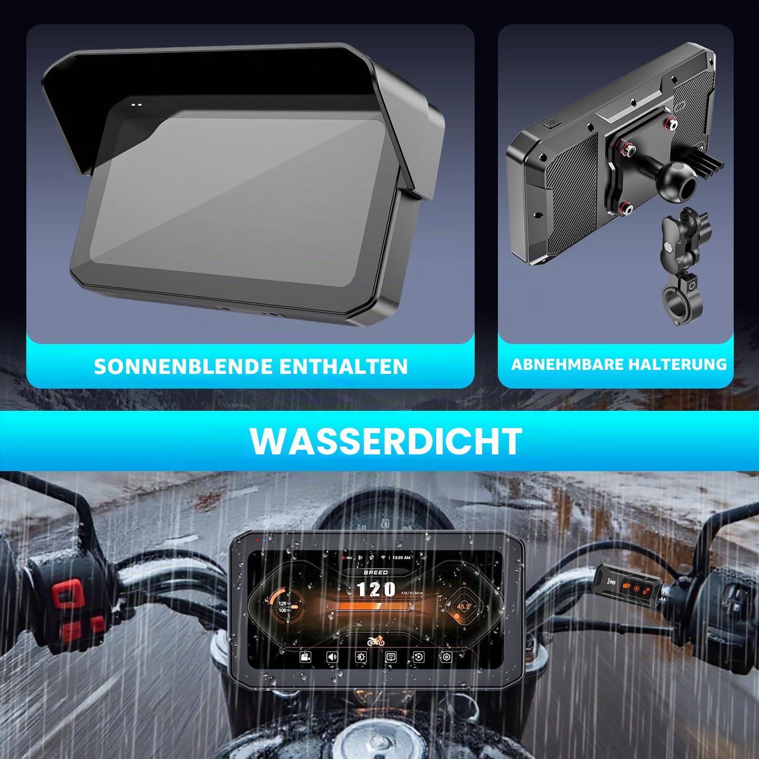 2K Dashcam Motorrad mit CarPlay Android Auto Navi, IP67 Motorrad Kamera vorne und hinten, 6,25" 1000nit Touchscreen mit GPS, TPMS, Fernbedienung, inkl. 64GB TF-Karte