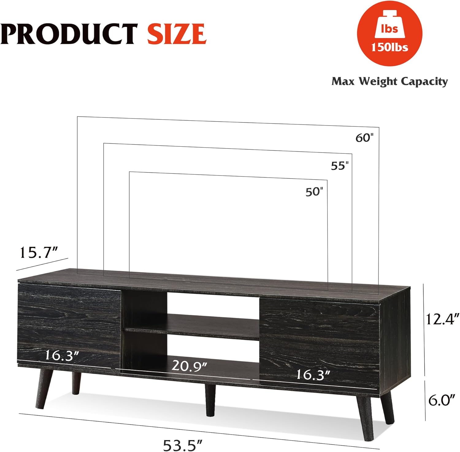 Diagram showing product dimensions: 15.7 inches deep, 53.5 inches wide, 18.4 inches high, with a 150 lbs max weight capacity.