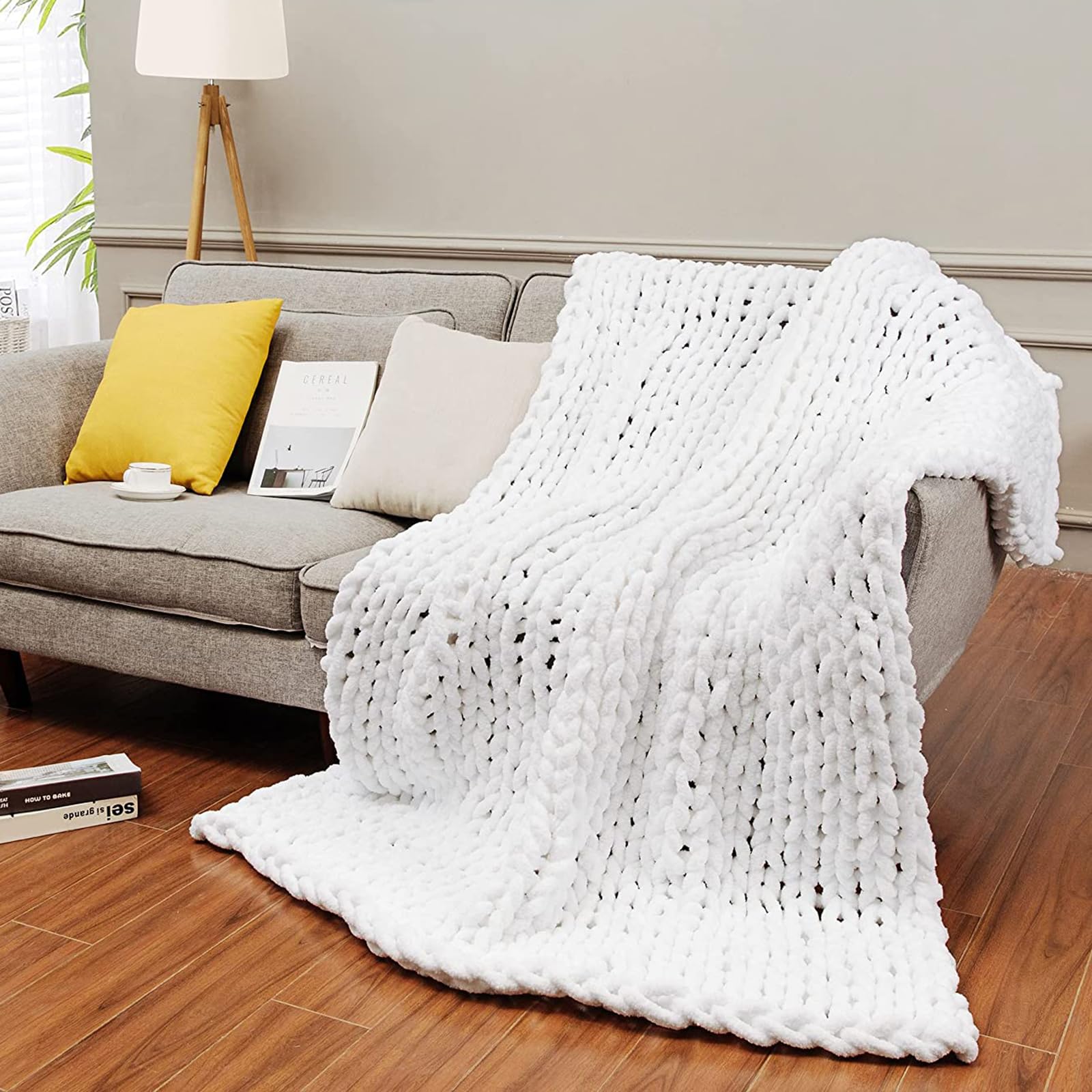 Manta de punto grueso hecha a mano, suave y acogedora manta de punto trenzado de felpilla para sofá, banco, cama, color blanco, 100 x 100 cm