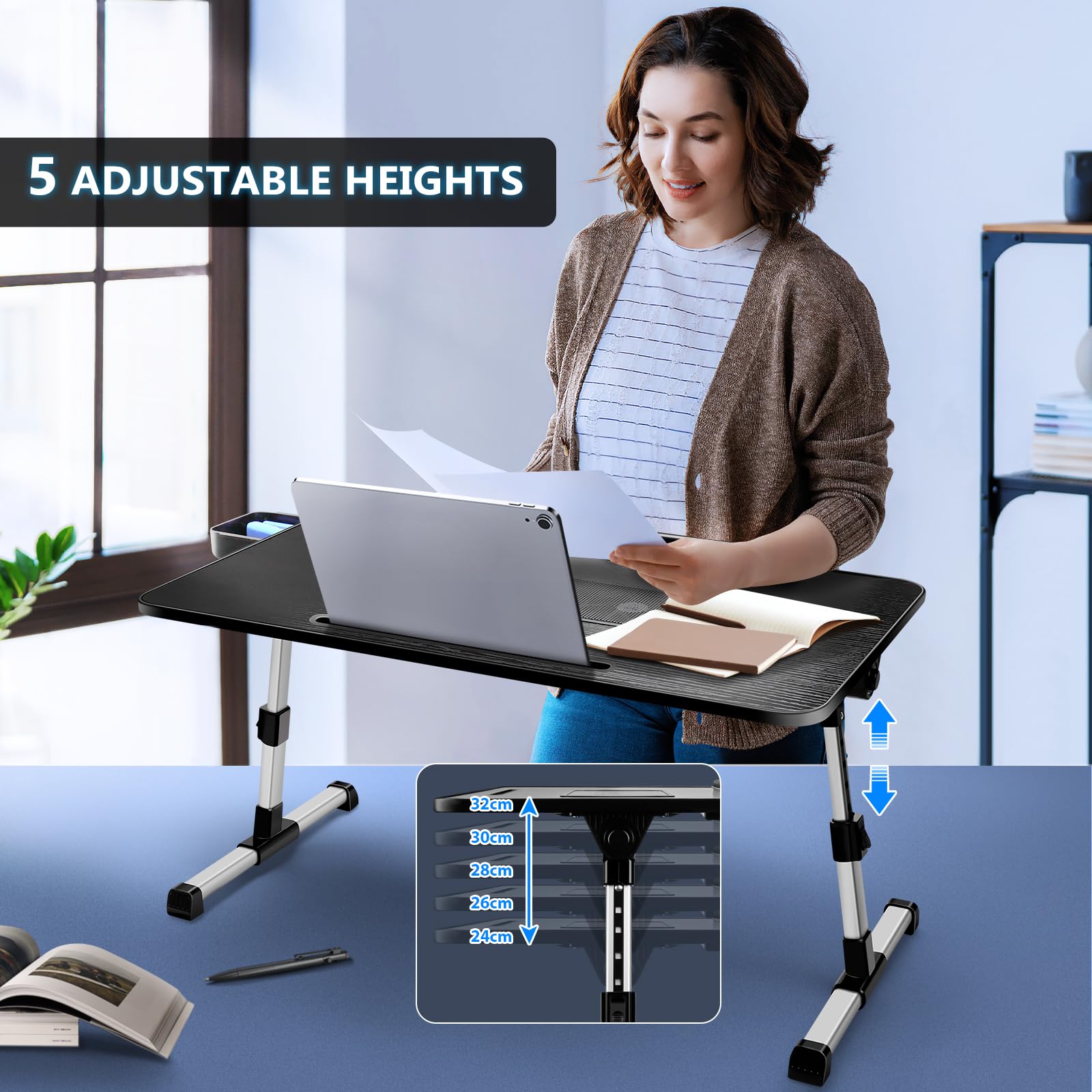 ICARE Table de Lit, Support Ordinateur Portable Lit, avec Refroidisseur PC Portable, Support pour Tablette,Tiroir, Réglable en Hauteur et Angle (53 x 30 cm, Noir)