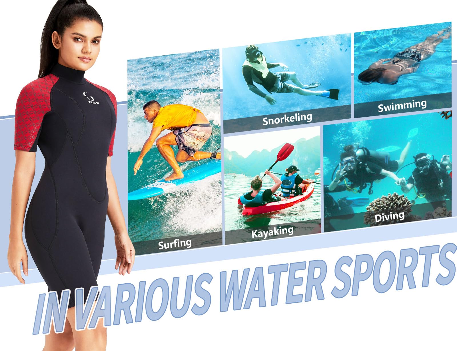 Combinaison en néoprène pour Femme, Fermeture éclair arrière, Combinaison Courte pour Homme, 3 mm, en néoprène, à Manches Courtes, pour Surf, Natation, Kayak, plongée avec Tuba, canoë, Noir