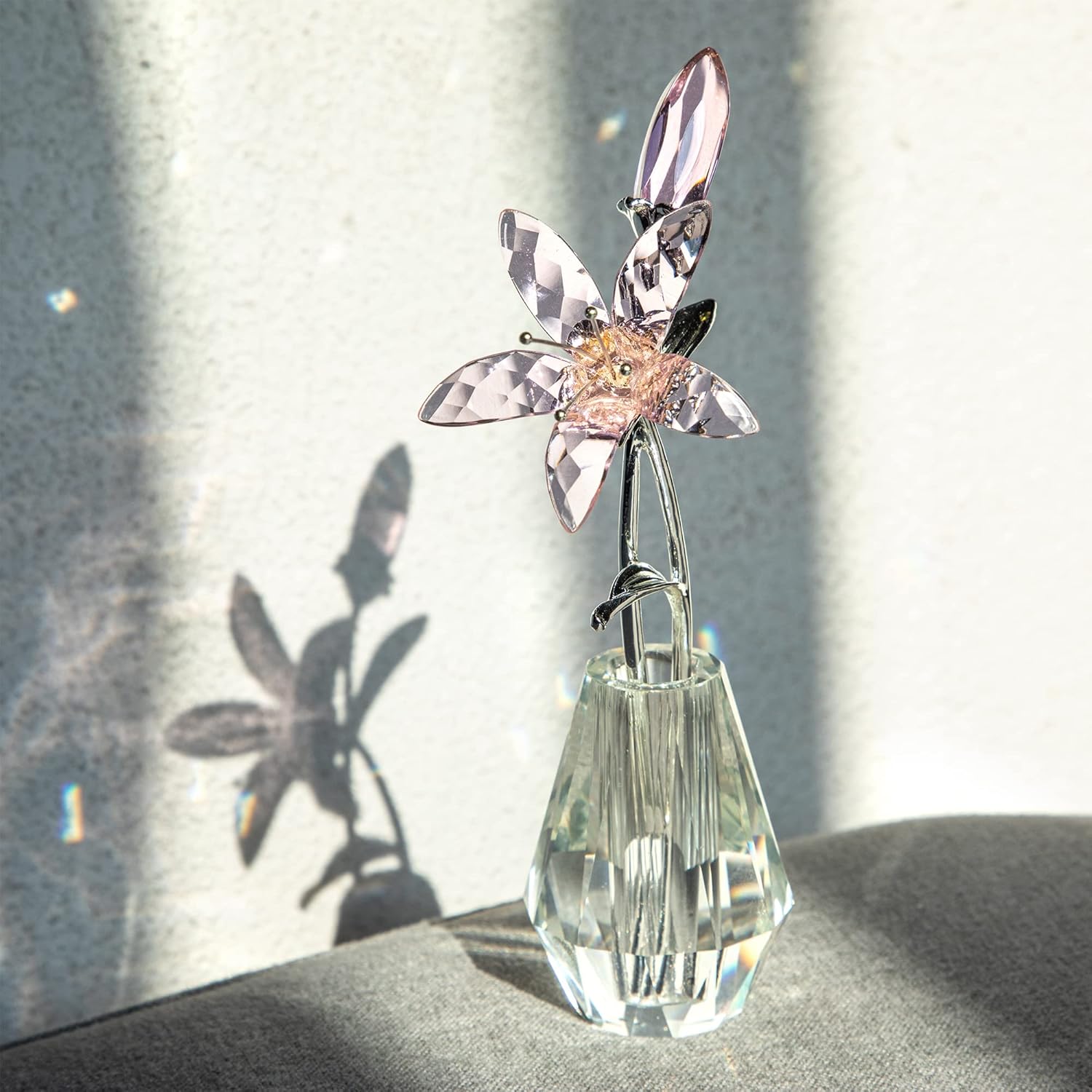 H&D HYALINE & DORA Crystal Calla Lily Flower Figurine Collectible Wedding Bouquets with Crystal Vase for Home Wedding Party Decor, Pink Flower with Sliver Metal Stem - Image 2