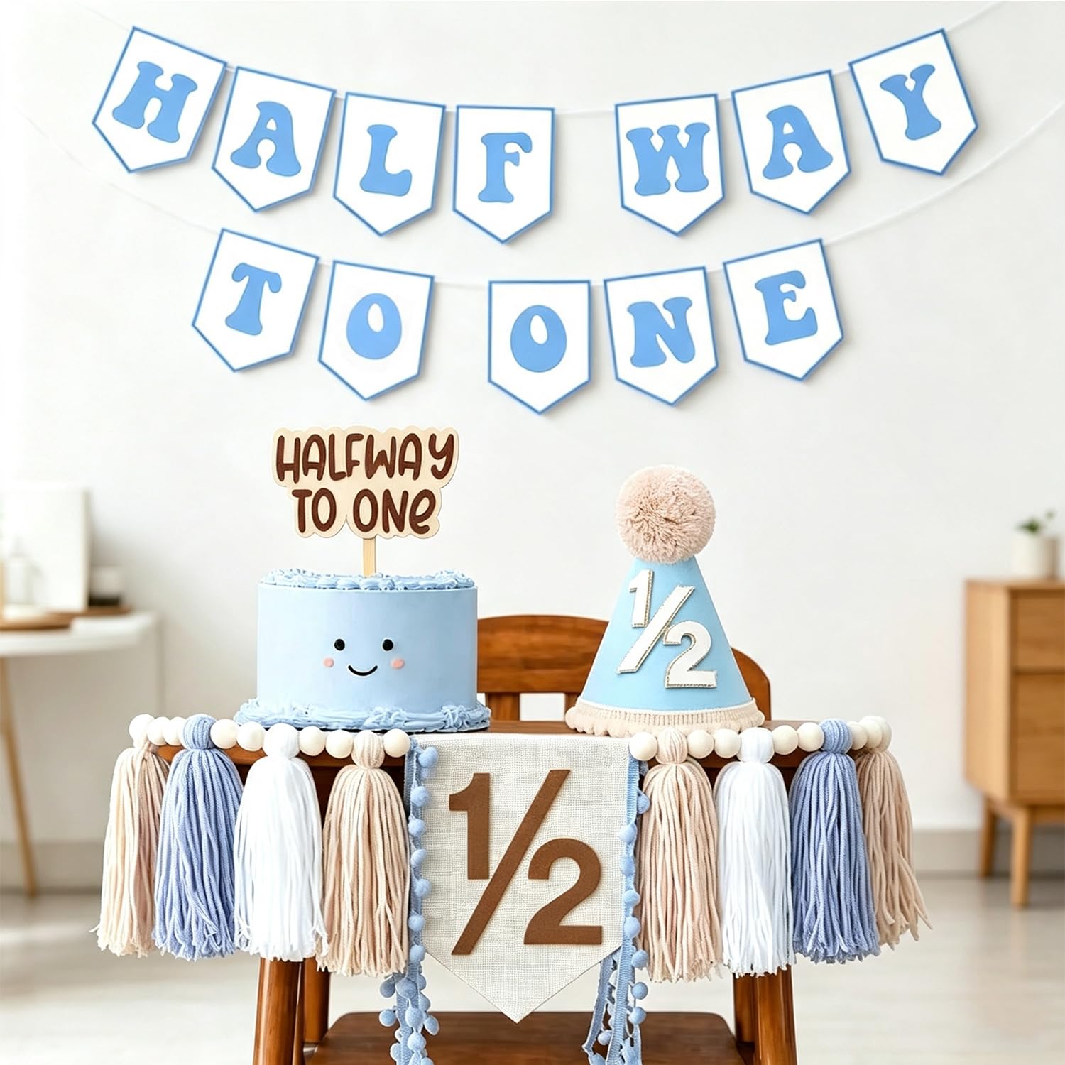 Half Birthday Decorations For Boys -Half Way To One Baby Boy Decorations Banner 1/2 Birthday Boy High Chair Banner 1/2 Birthday Cake Topper & Party Hat 6 Month Photo Props(Half Blue)