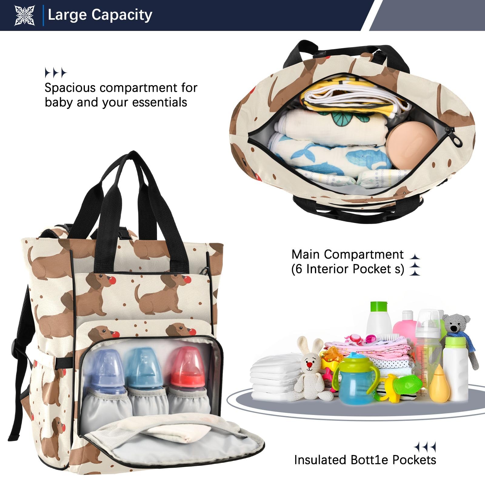 Mnsruu Borsa per pannolini per bambini bassotto zaino grande borsa impermeabile da viaggio borse per pannolini per mamme e papà