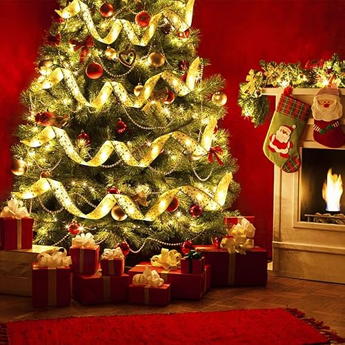 Miniatura 5 de Cinta dorada para árbol de Navidad, cinta de Navidad con cable, decoración de 32 pies (2 x 16 pies), cinta de Navidad transparente con alambre para