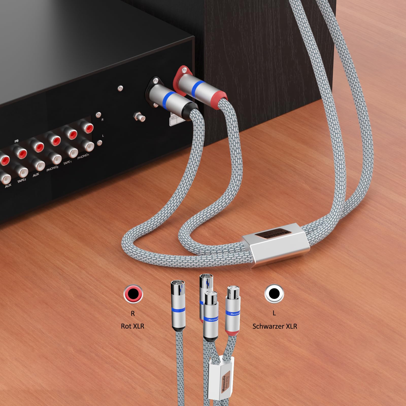 Monosaudio High End XLR-Kabel 1,5M A202X6R | 4N OFC Sauerstofffreies Kupfer, Rhodinierung-Stecker, 2-Schicht-Silber-Kupferabschirmung