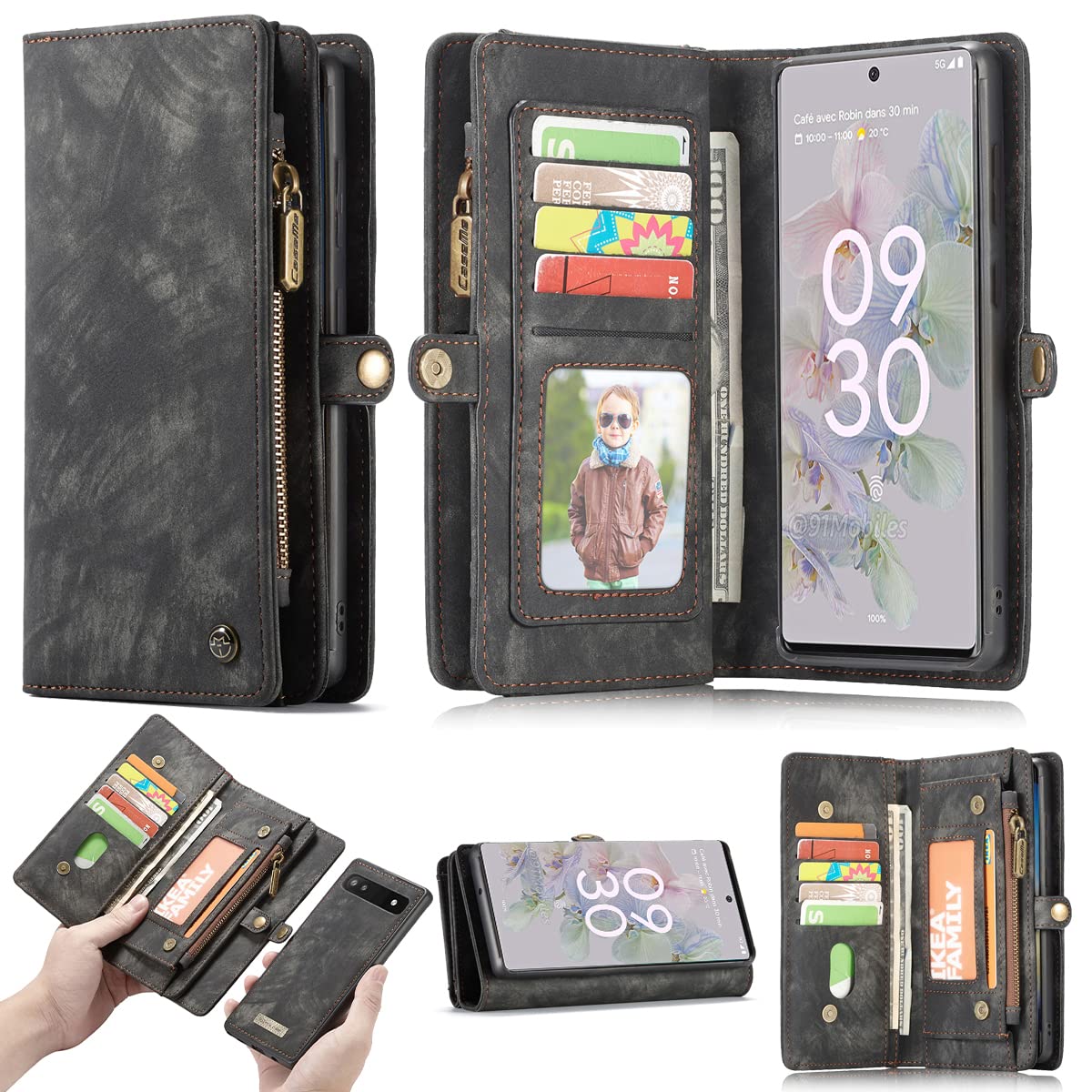 JGY Google Pixel 8 Pro Leather Wallet case,Pixel 8 Pro Detachable Magnetic case with Zipper Pocket Card Holder Pixel 8 Pro Full Cover Shockproof Detachable Wallet case for Women Men (Black)