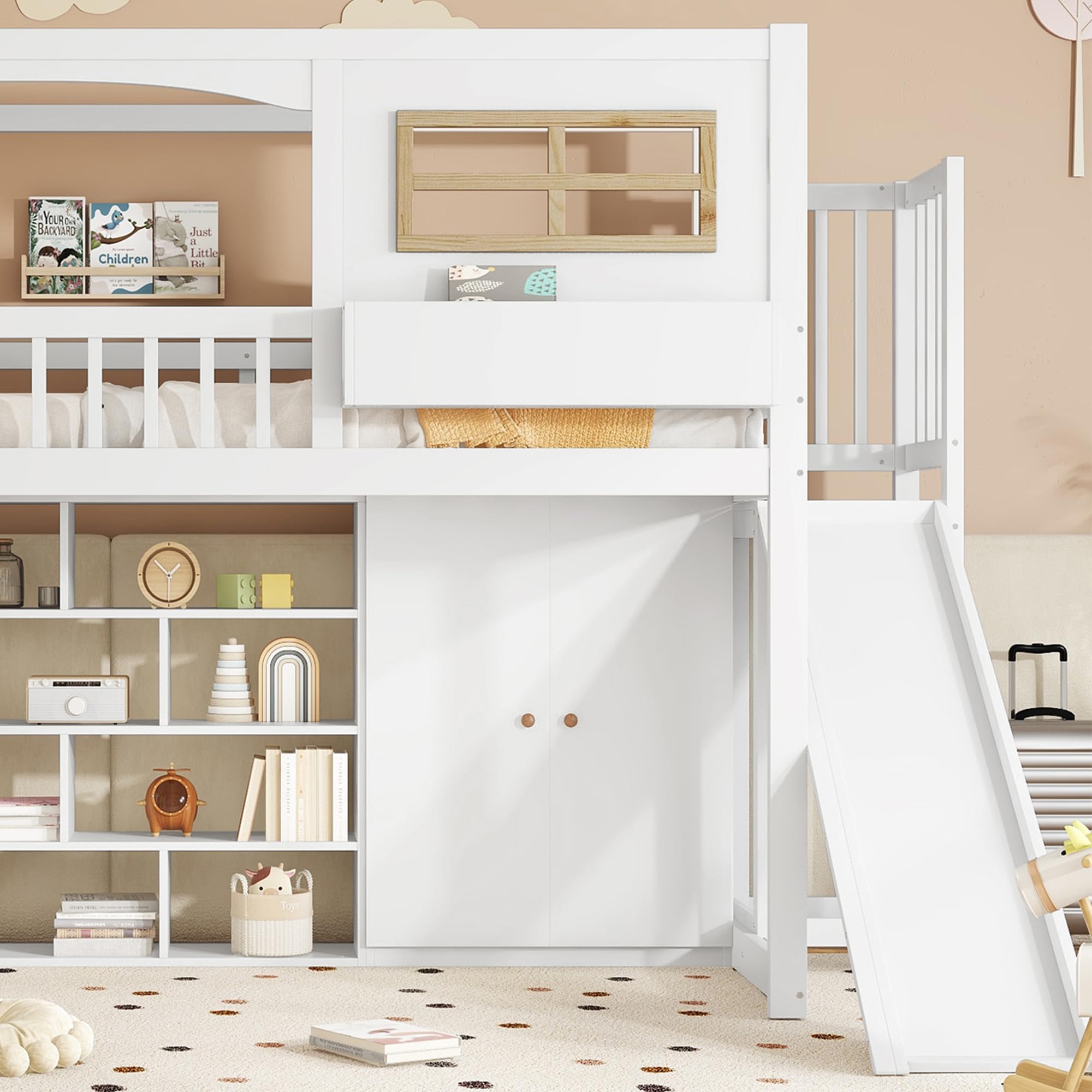 Merax Etagenbett 90x200cm, Kinderbett Hochbett mit Rutsche & Kleiderschrank & Regale, Platzsparendes Stockbett Hausbett mit Lattenrost & Rausfallschutz, Praktisches Jugendbett, Ohne Matratze, Weiß