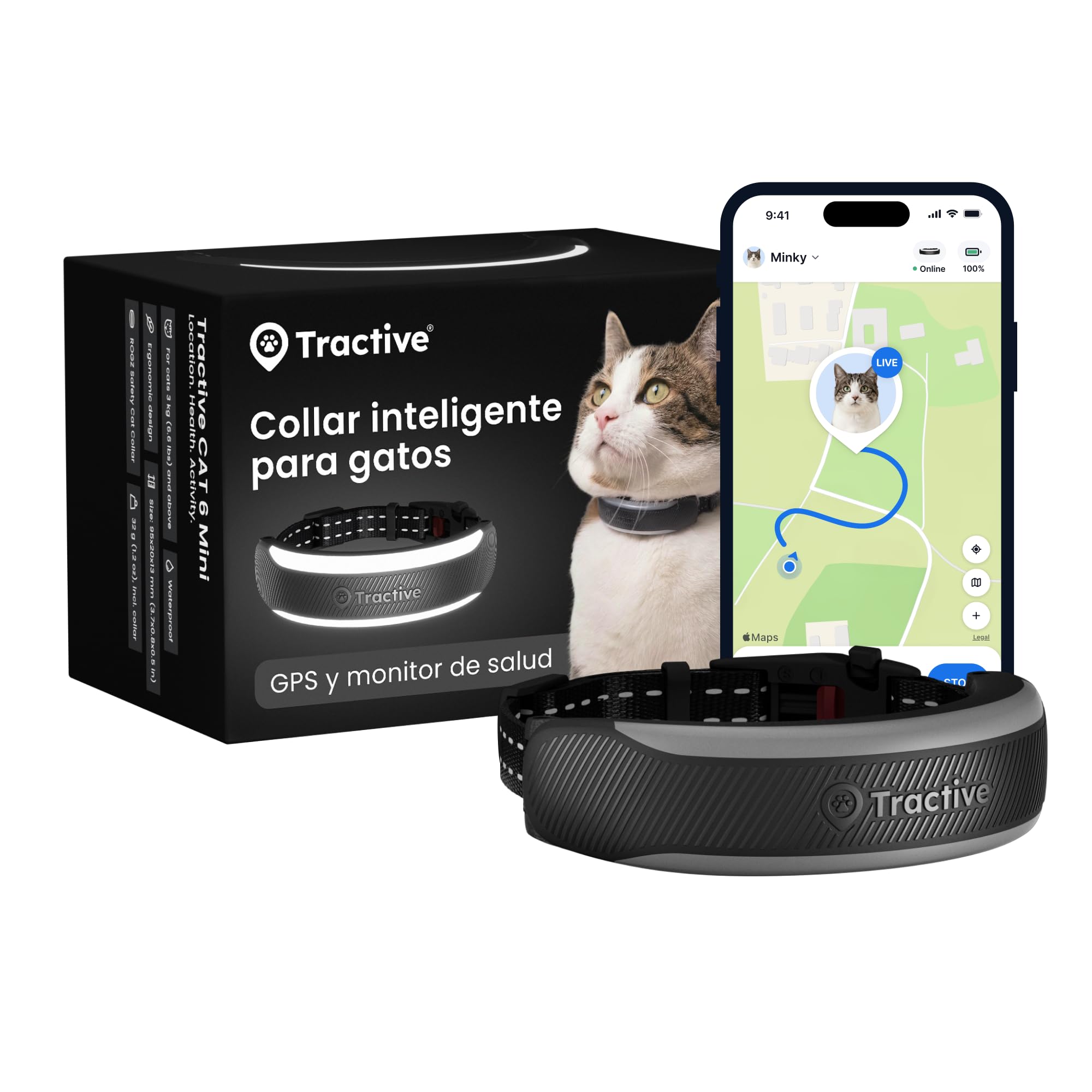 Tractive - GPS para Gatos Inteligente Mini | Edición 2026 | GPS para Gatos n.º 1 | Seguimiento en Vivo | Avisos de Salud y Monitor de Constantes | Collar de Seguridad | Collar Integrado (Negro)