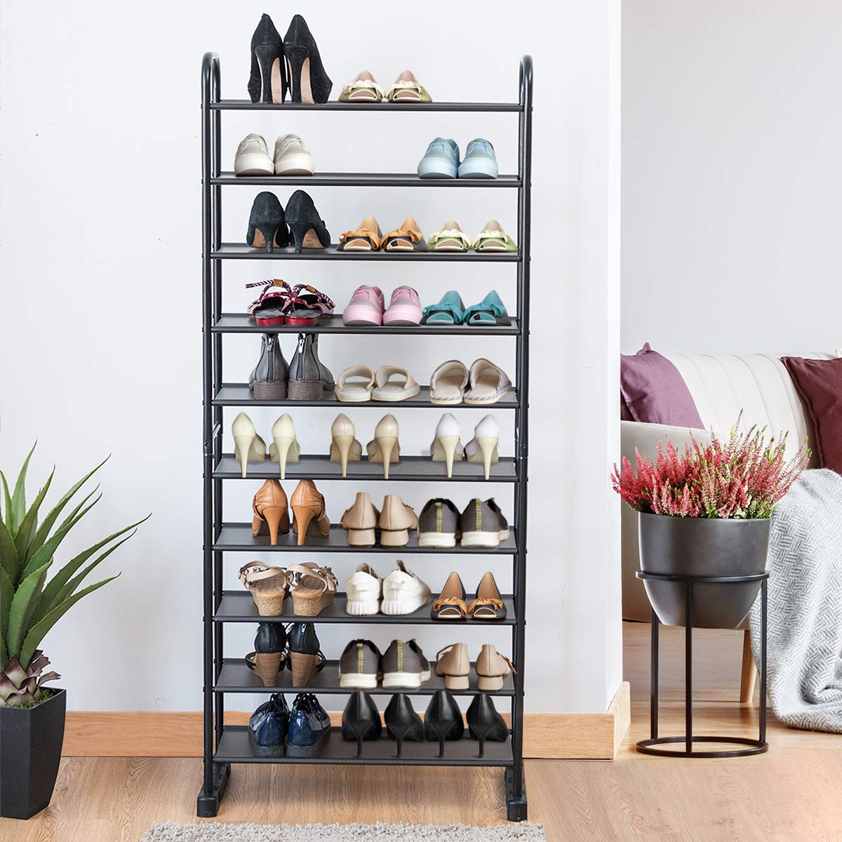HOMASIS Scarpiera a 10 Ripiani, Scarpiera Salvaspazio, Scaffale Portascarpe in Metallo, Fino a 30 Paia di Scarpe, da Soggiorno, Ingresso, Corridoio, 66 x 29 x 152 cm, Nero