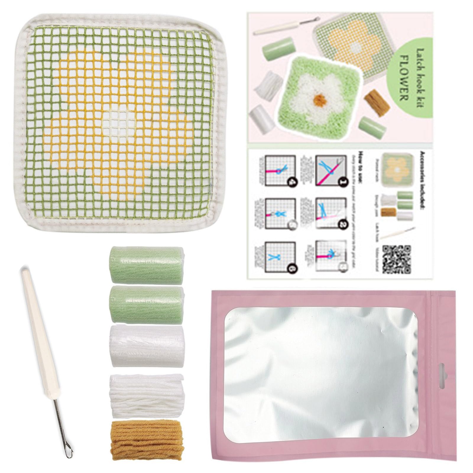 yanwuwa Latched Hook Kits Latched Hook Coasters Kits Embroidery Flower Coasters Making for Children Making Flower Crochet for Kids Adult
