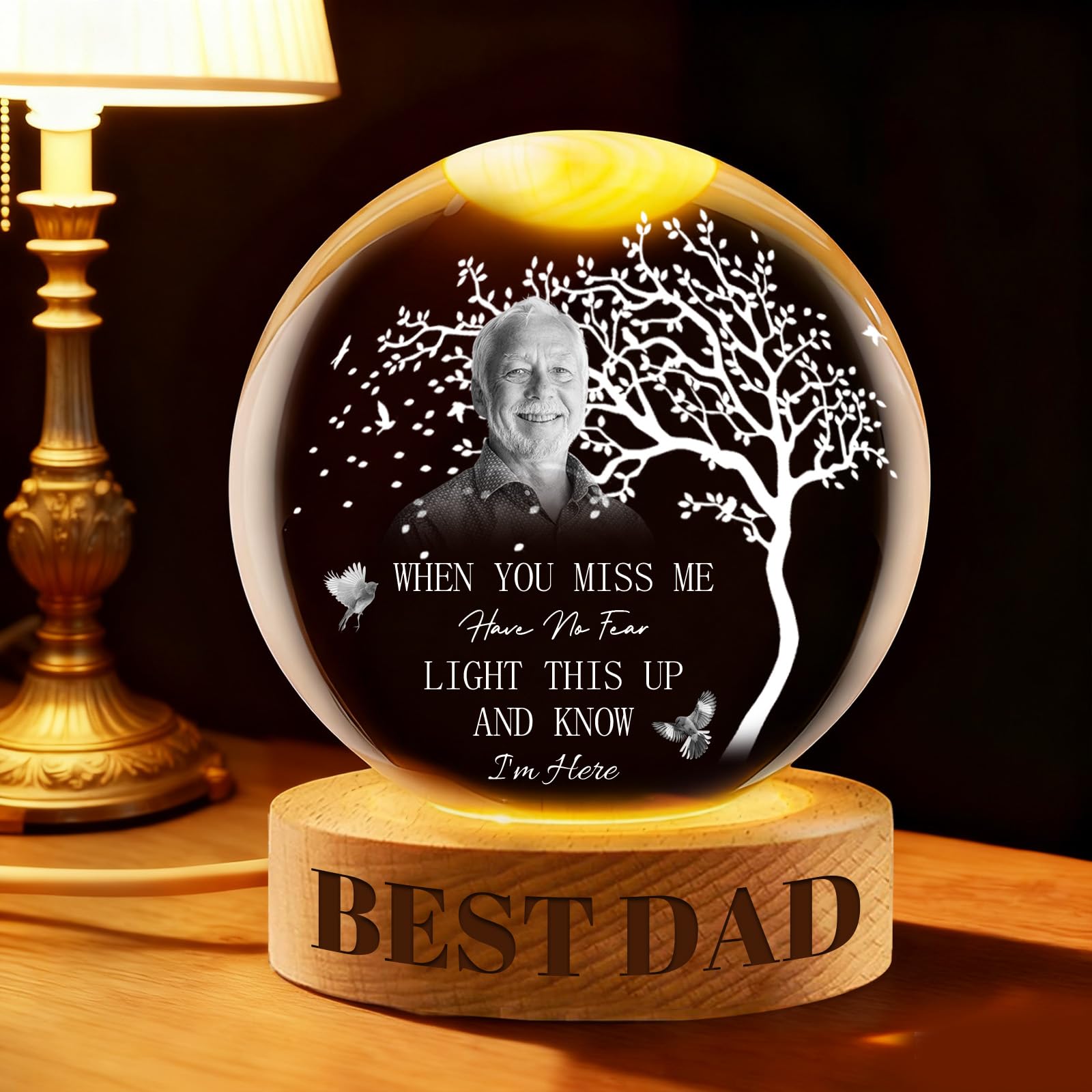 Fkf Custom Crystal Personalized Memorial Crystal Ball Night Light, Custom Photo Memory Globe Lamp Laser Engraved Keepsake With Wooden Base For Loss Of Loved Ones, Pet, Mom, Dad, Bereavement Gift (Custom Crystal)
