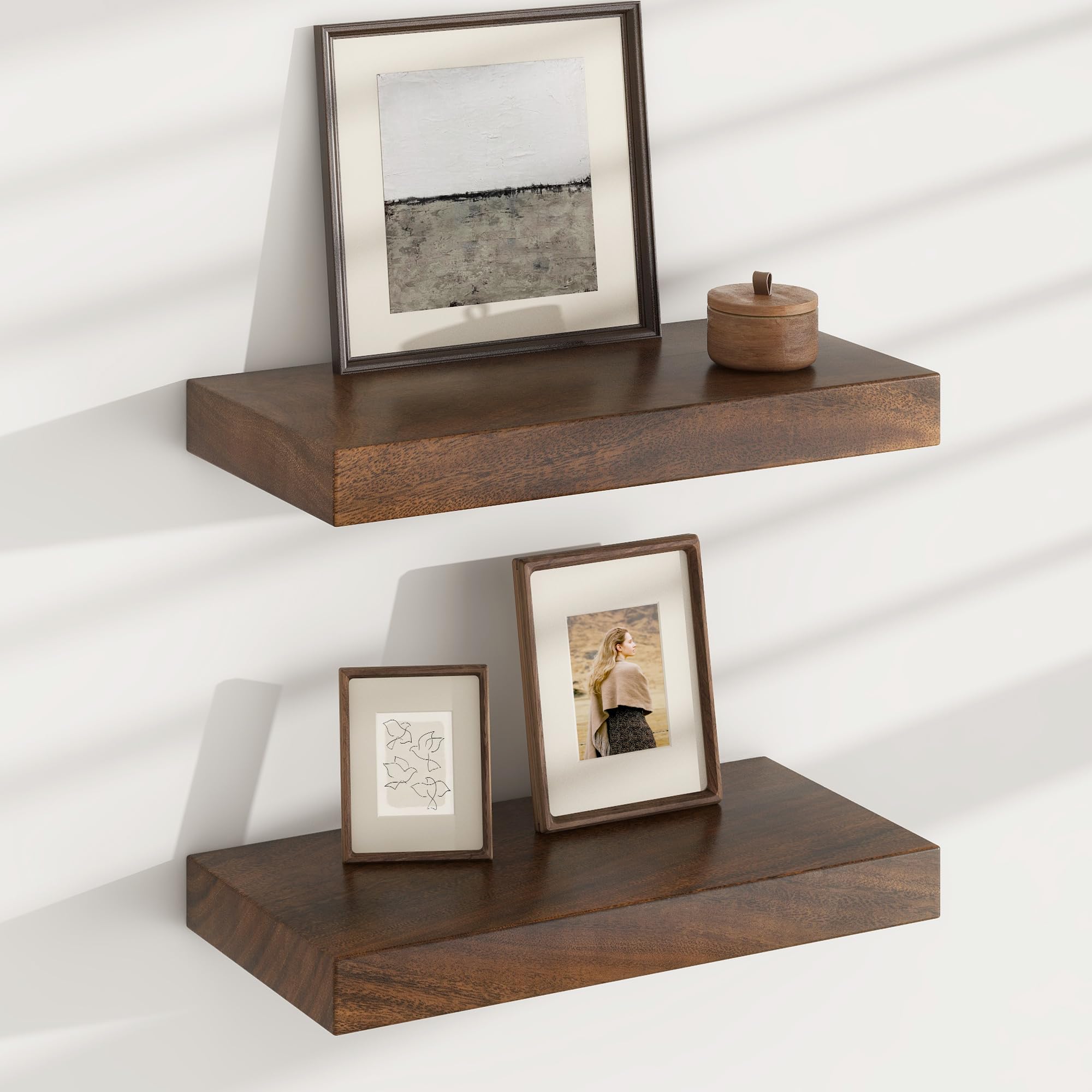 Floating Shelves for Wall, USA-Sourced Walnut Wood 16 Inch Wall Shelves Set of 2, Natural Wooden Mounted Picture Ledge Shelf, Nursery Book Storage Shelf Kids Bookshelf Display, Shelf for Bathroom