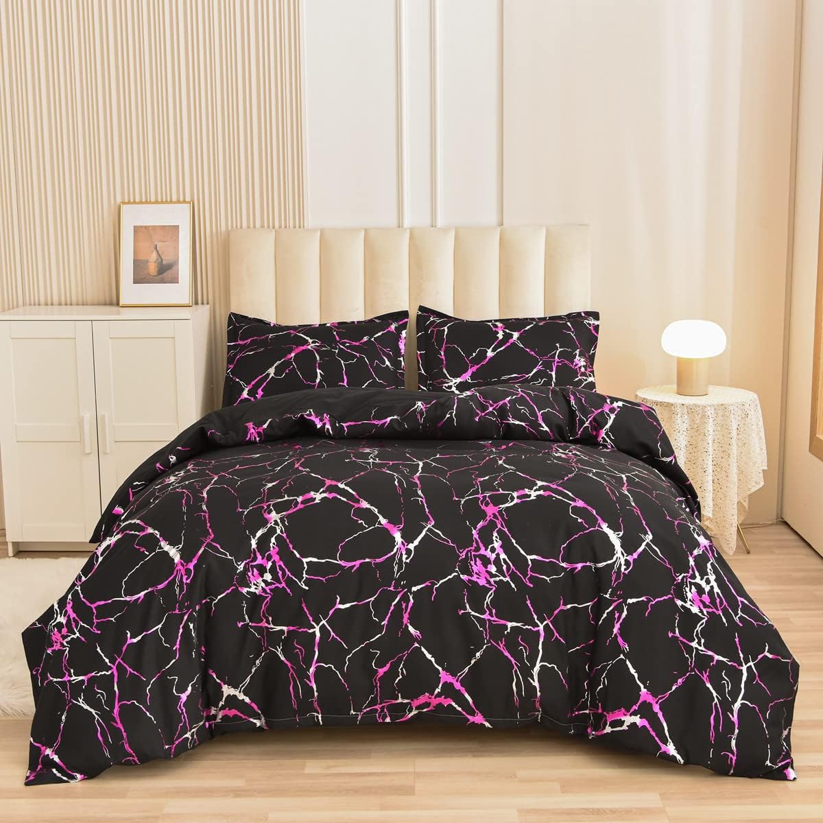 NTBED Black Pink Silver Metallic Marble Comforter Set Queen,Soft Lightweight Microfiber Brushed Quilt Bedding Sets with 2 Pillowcases
