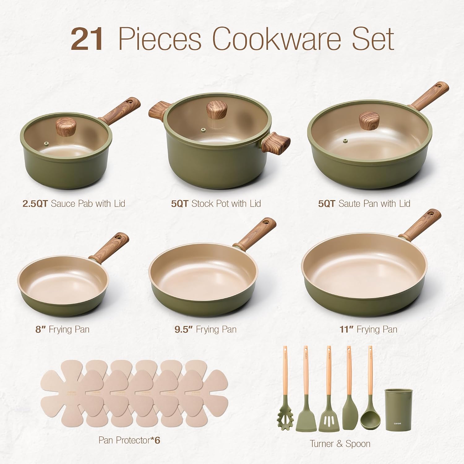 carote 21pcs ceramic cookware set nonstick pots and pans set, induction cookware set kitchen cooking sets, pot and pan non stick w/frying pan (pfos, pfoa free), green green 21 pcs
