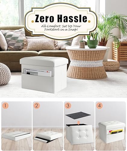 Miniatura 4 de Reposapiés plegable otomano de almacenamiento de 17 pulgadas con bolsillo lateral, reposapiés de almacenamiento de cuero, taburete otomano acolchado