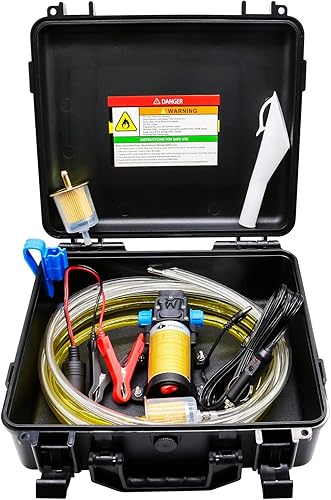 Juego de bomba de transferencia de combustible de 12 V, mueve hasta 85 galones de gas o diésel por hora con funda de transporte mejorada y tubo de
