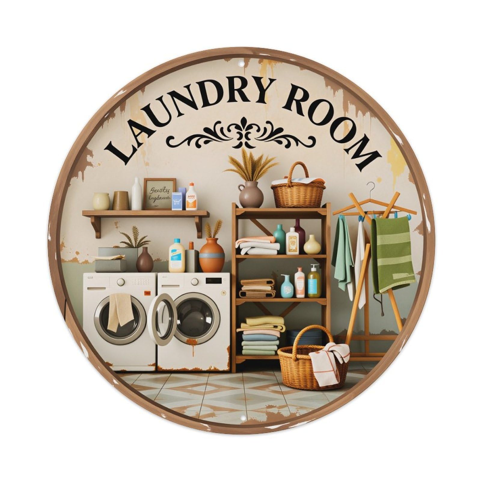 Laundry Room Sign With Vintage Decor And Appliances Round Vintage Tin Sign,Retro Wall Art,Metal Poster for Home, Bar, Garage, Cafe, Rustic Indoor & Outdoor Decor, 8x8 Inches
