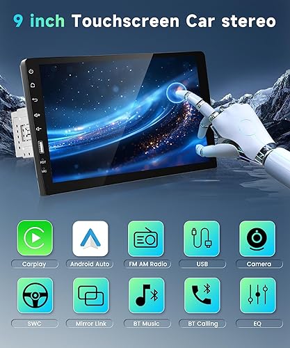 Miniatura 3 de podofo - Estéreo de coche de un solo DIN con Carplay Android Auto, pantalla táctil de 9 pulgadas, Bluetooth, radio para automóvil, compatible con