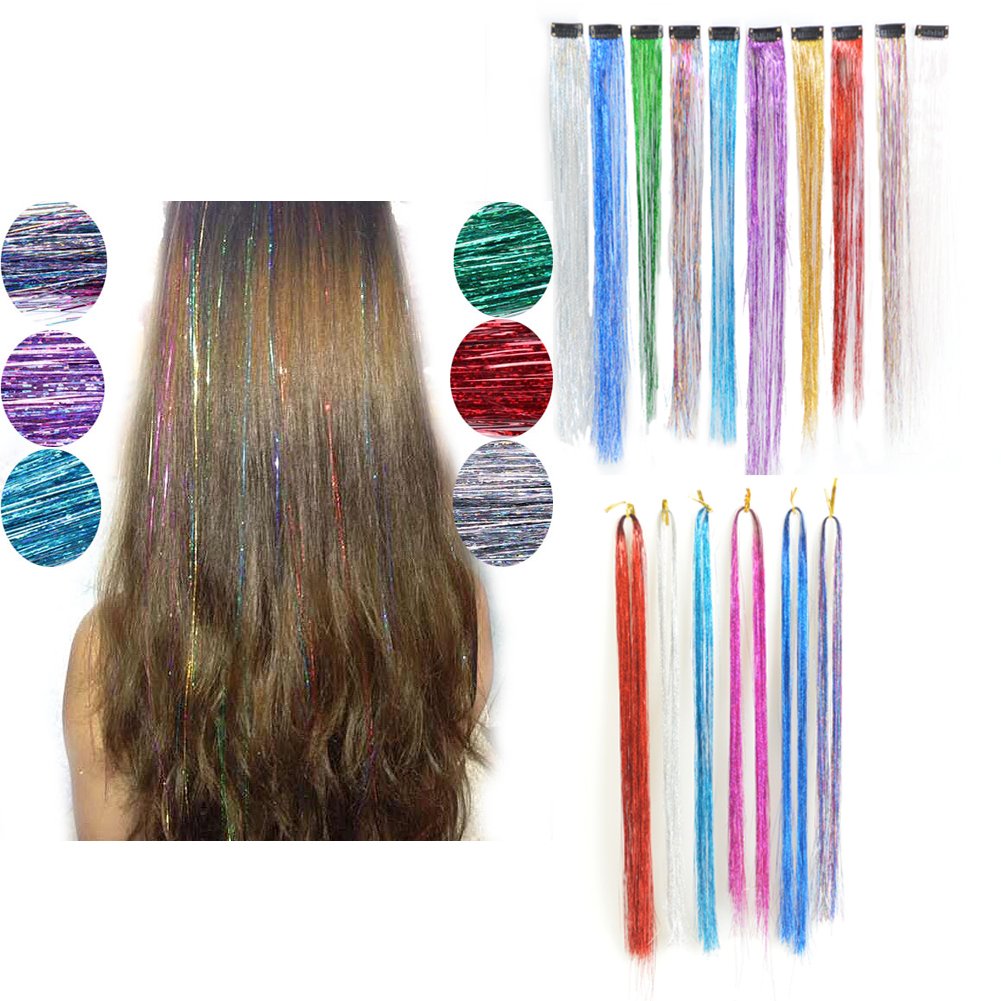 2pcs 100 Strands Synthetic Fibre Glitter Hair Tinsel Extensions (with clip, silver)