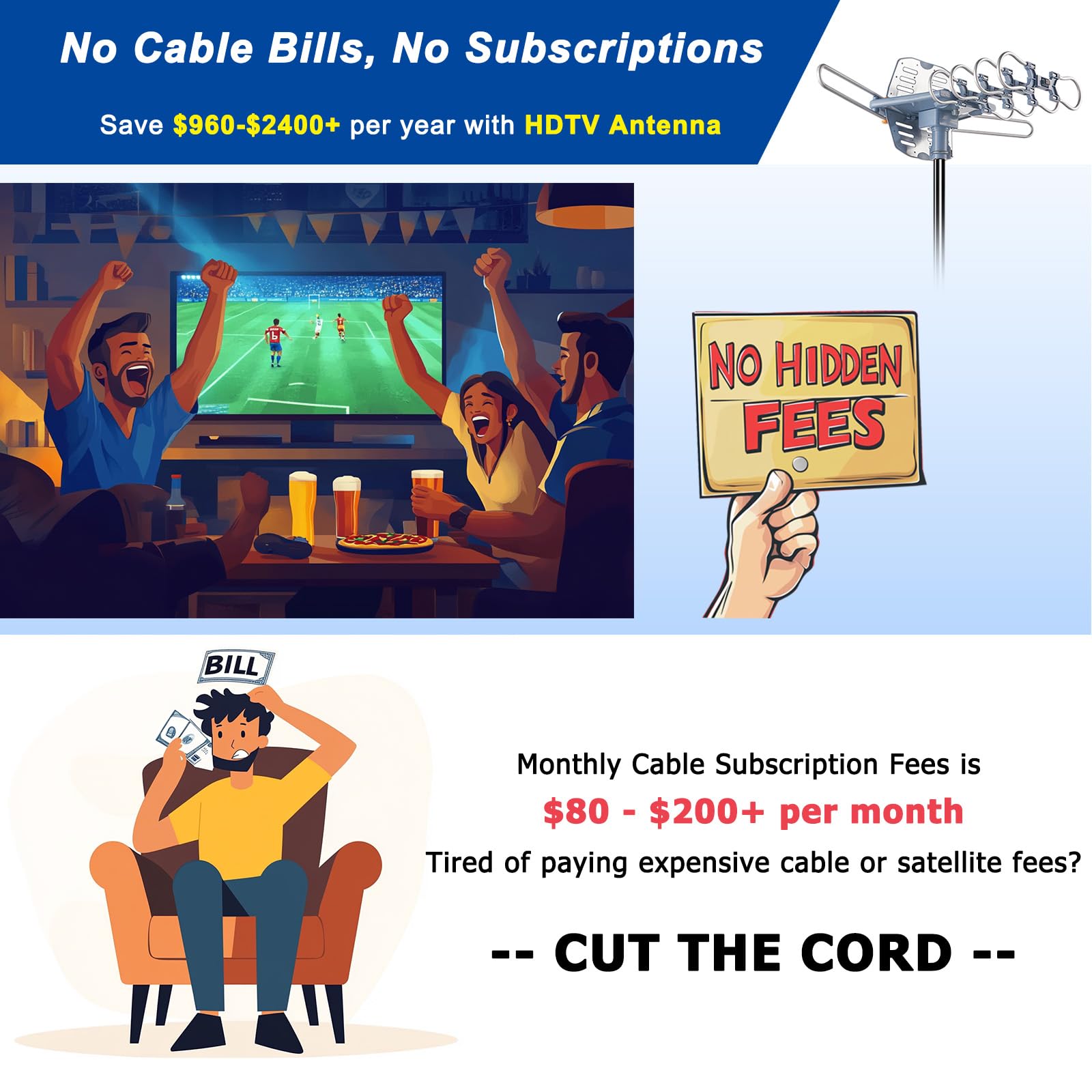 Antena HDTV para exteriores con amplificador para canales locales sobre el aire, antena de TV inteligente de largo alcance compatible con 2 televisores, antena ATSC 3.0 giratoria 360° con control