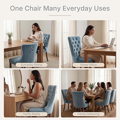 Miniatura 4 de Sillas de Comedor Juego de 4 sillas de comedor de terciopelo azul claro, Silla tapizada de tela para cocina y comedor, sillas de comedor modernas de