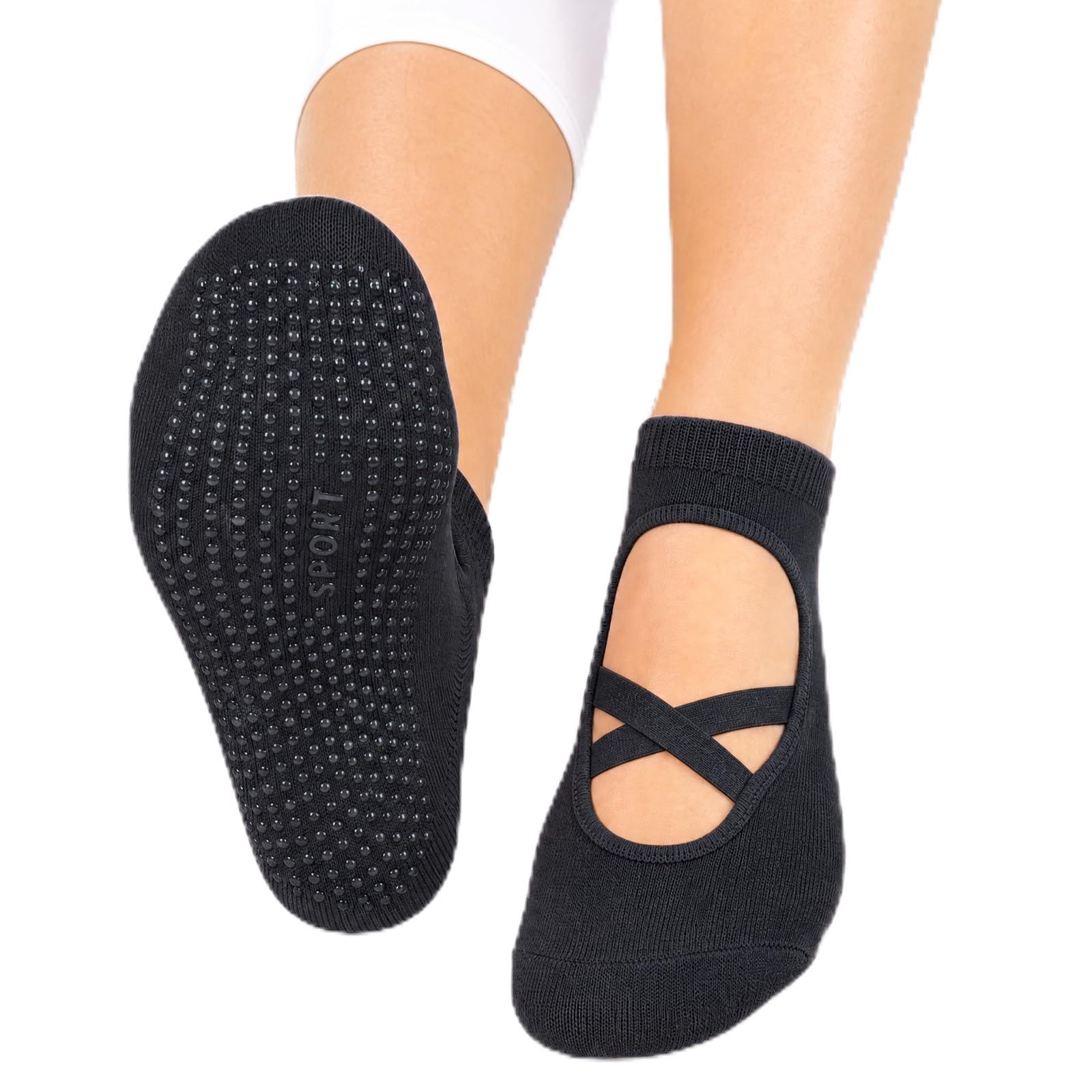 FACHOI Pilates Grip Socks for Women, Non-Slip Yoga Socks with Straps for Pilate Ballet Barefoot Dance Workout Fitness F4-PLTW